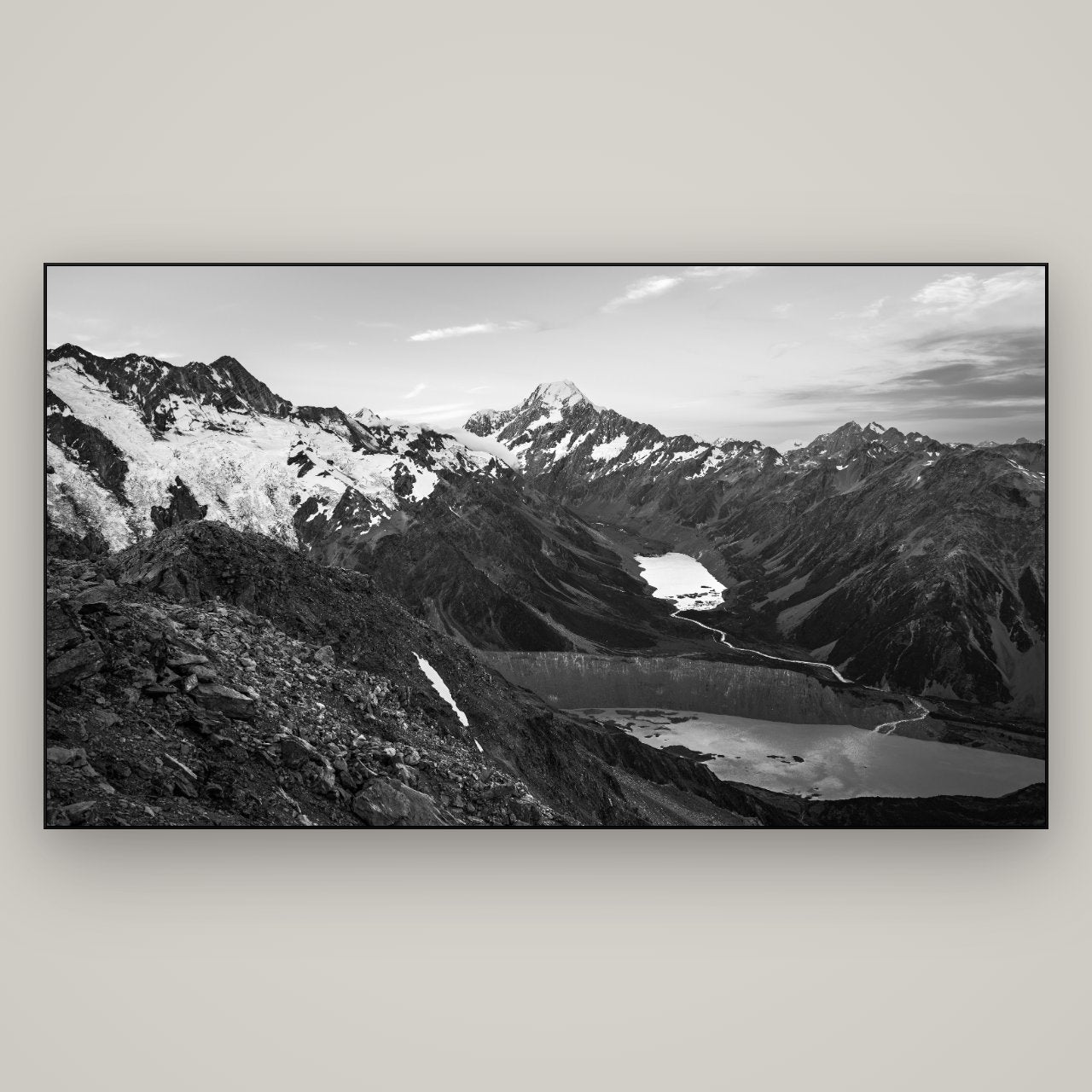 Mt. Cook Splendour, Mount Cook National Park — Slimline Black, 196×110 cm. New Zealand fine art wall art by Stephen Milner.