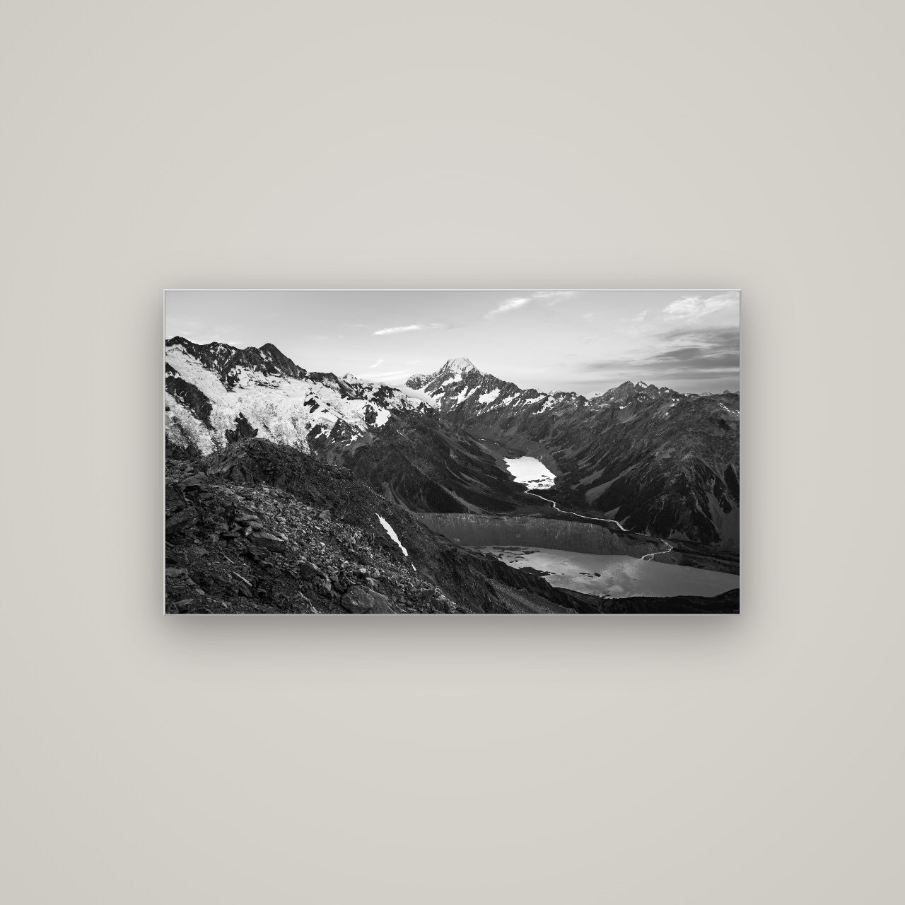 Mt. Cook Splendour, Mount Cook National Park — Slimline Silver, 107×60 cm. New Zealand fine art wall art by Stephen Milner.