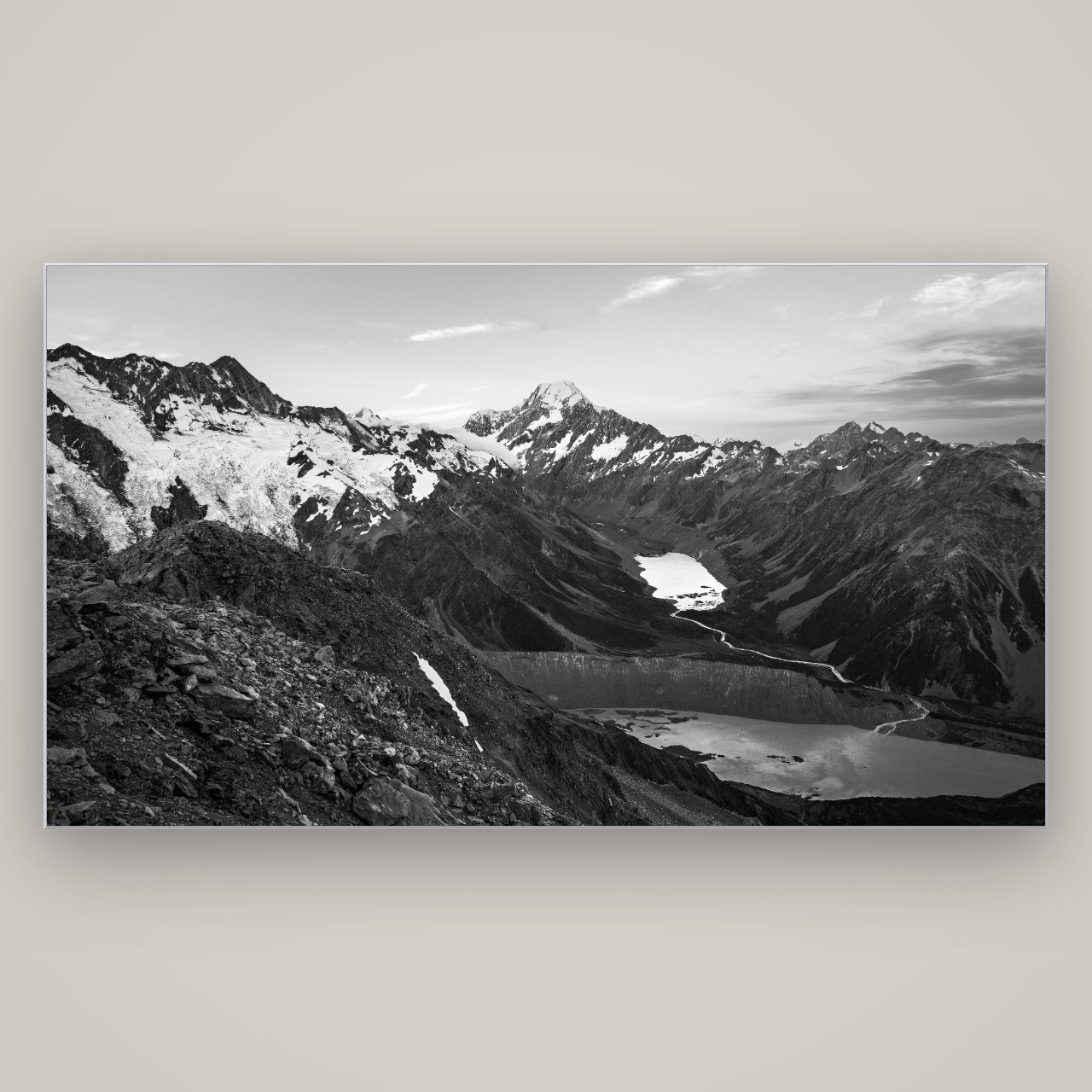 Mt. Cook Splendour, Mount Cook National Park — Slimline Silver, 196×110 cm. New Zealand fine art wall art by Stephen Milner.
