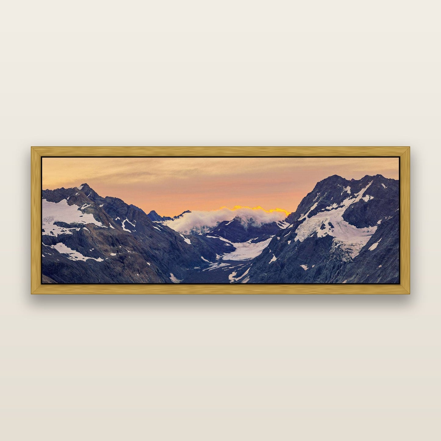 Mueller's Last Light, Mount Cook National Park — framed metallic canvas print, Antique Gold frame. New Zealand fine art landscape wall art by Stephen Milner.