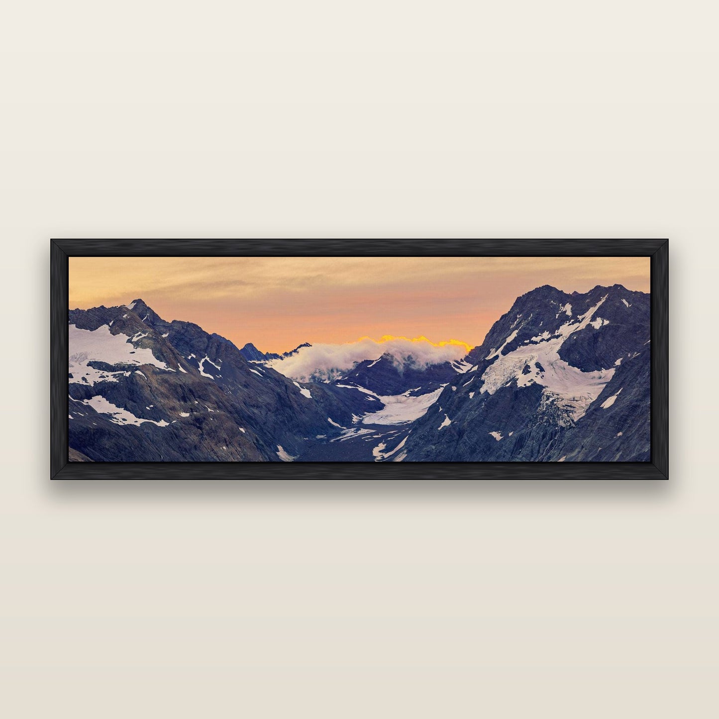 Mueller's Last Light, Mount Cook National Park — framed metallic canvas print, Black frame. New Zealand fine art landscape wall art by Stephen Milner.