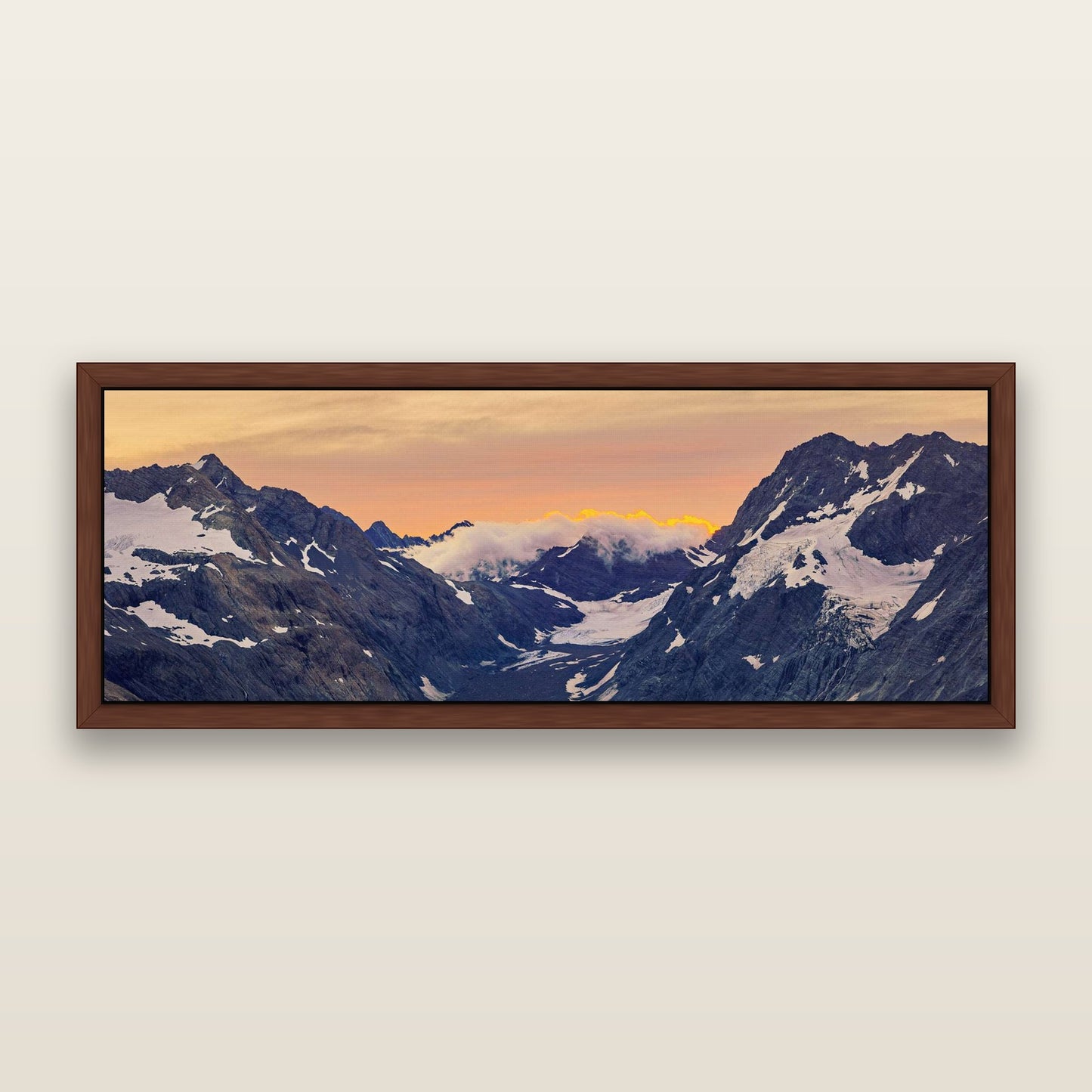 Mueller's Last Light, Mount Cook National Park — framed metallic canvas print, Brown frame. New Zealand fine art landscape wall art by Stephen Milner.