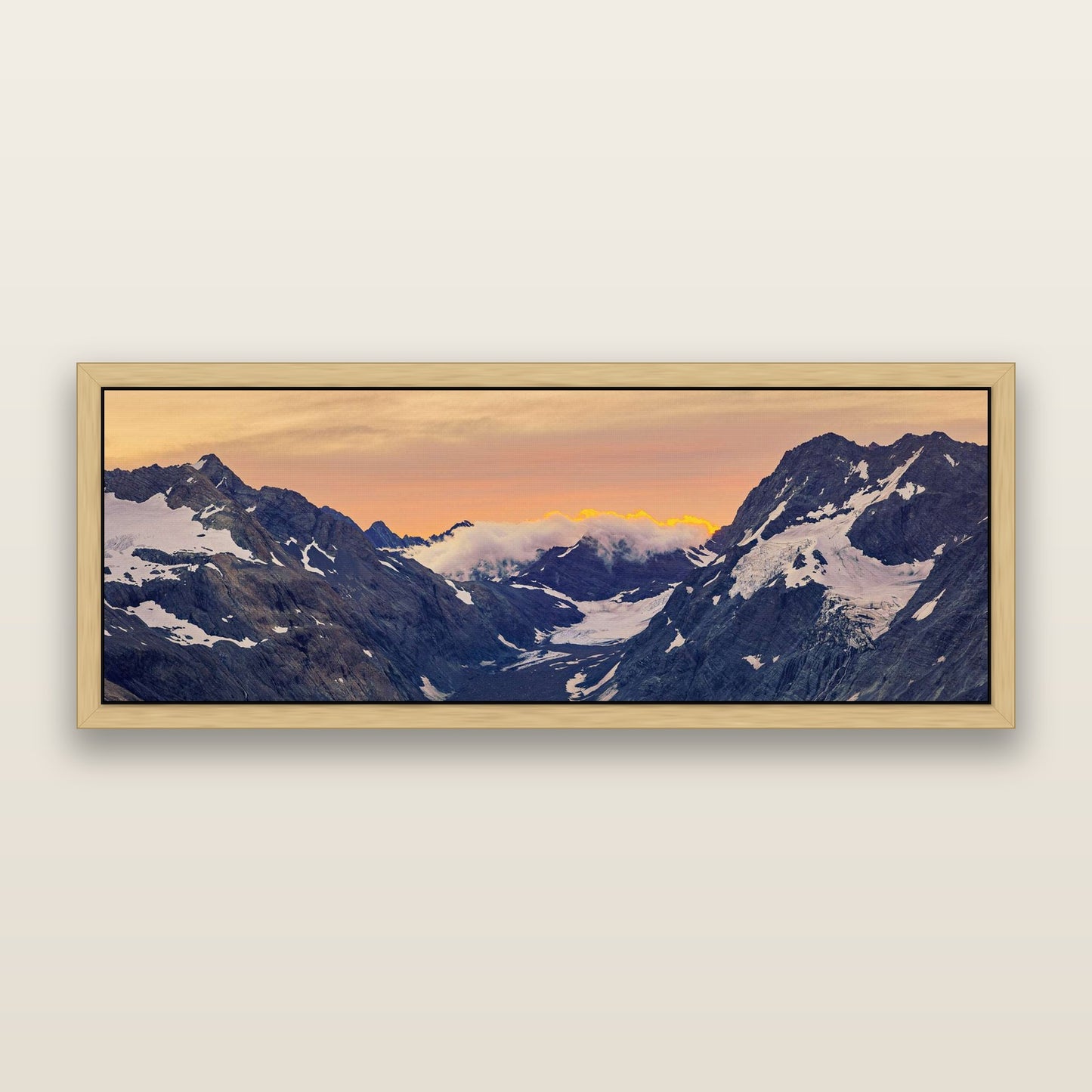 Mueller's Last Light, Mount Cook National Park — framed metallic canvas print, Natural frame. New Zealand fine art landscape wall art by Stephen Milner.