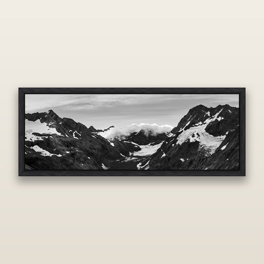 Mueller's Last Light, Mount Cook National Park, black and white framed metallic canvas print, Black frame. New Zealand fine art wall art by Stephen Milner.