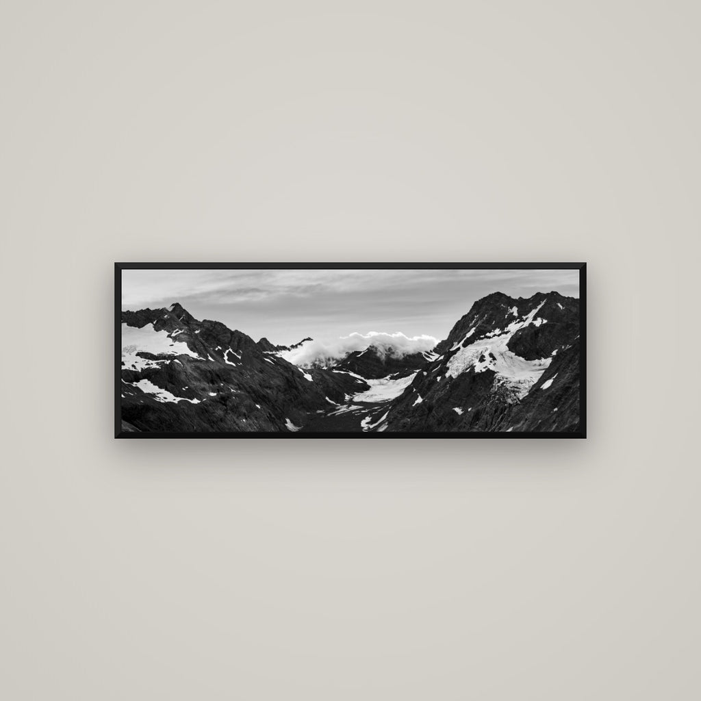 Mueller's Last Light, Mount Cook National Park — Basel Black Matte, 113×40 cm. New Zealand fine art wall art by Stephen Milner.