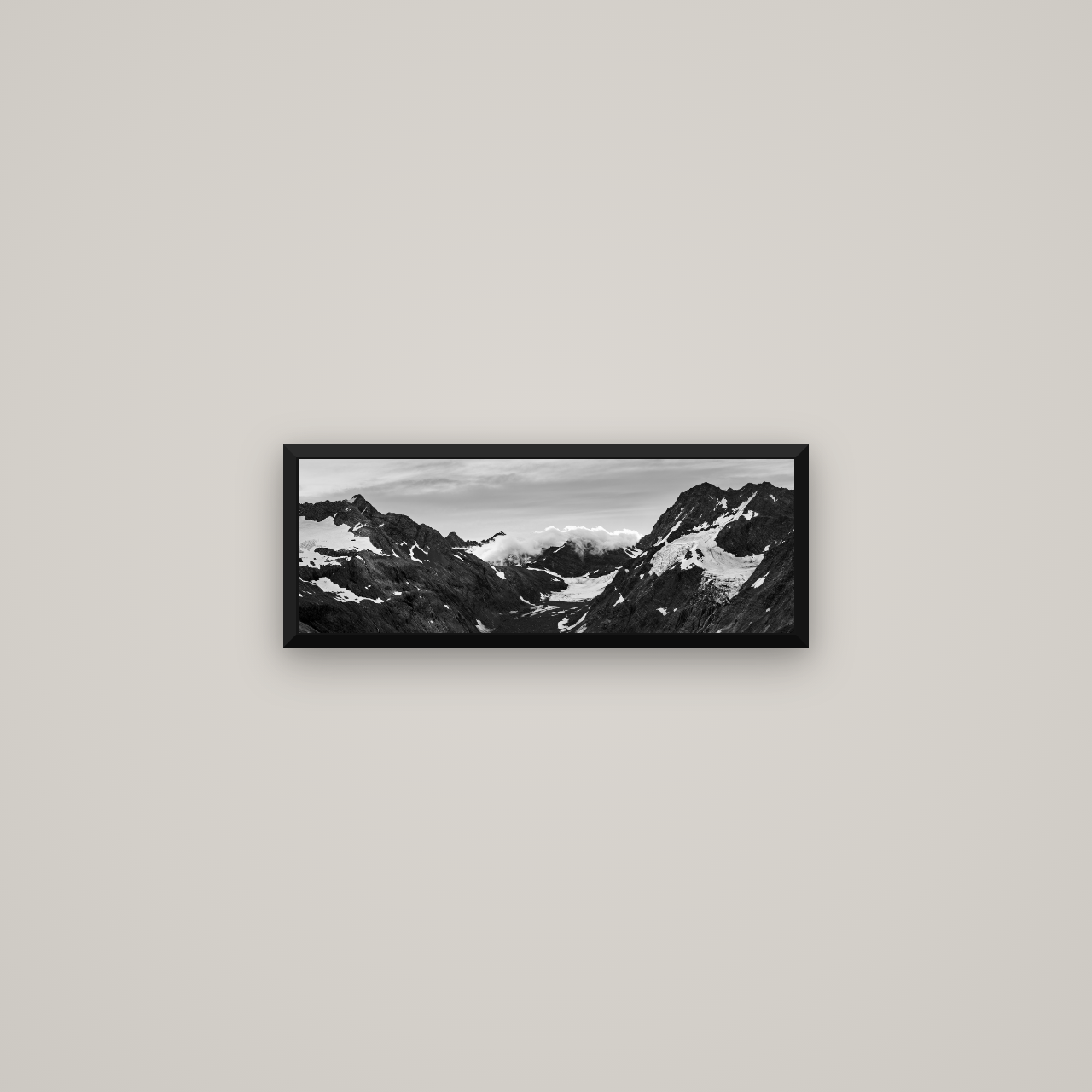 Mueller's Last Light, Mount Cook National Park — Basel Black Matte, 57×20 cm. New Zealand fine art wall art by Stephen Milner.