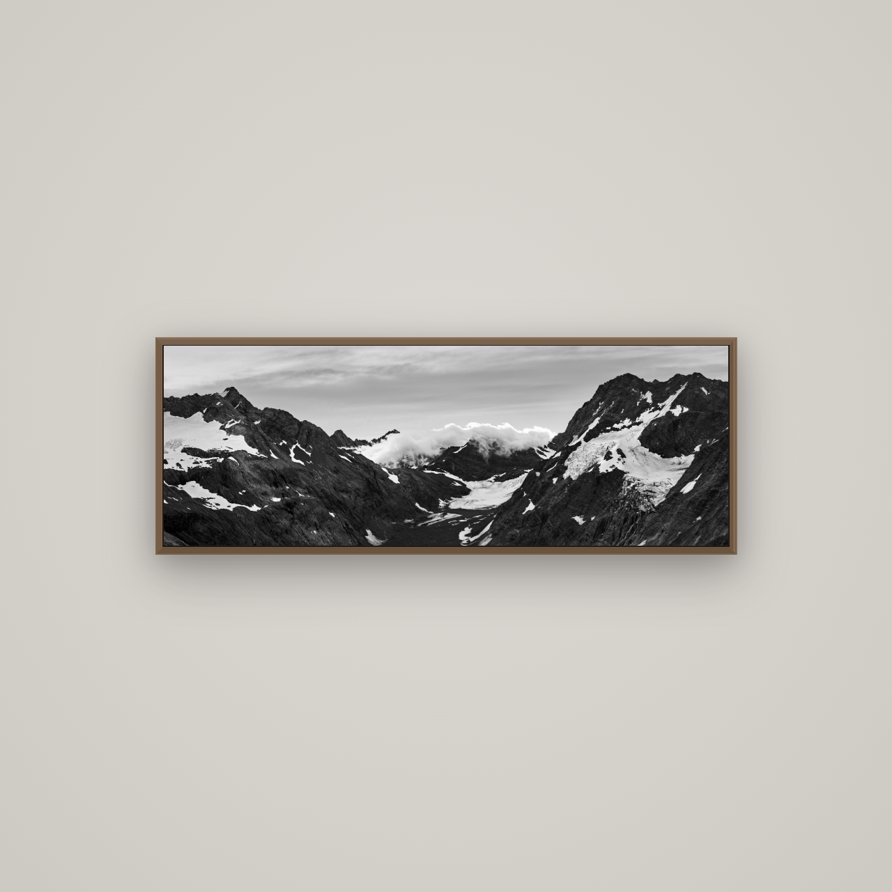 Mueller's Last Light, Mount Cook National Park, Basel Walnut, 113×40 cm. New Zealand fine art wall art by Stephen Milner.