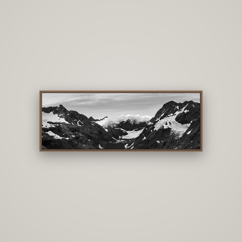 Mueller's Last Light, Mount Cook National Park, Basel Walnut, 113×40 cm. New Zealand fine art wall art by Stephen Milner.