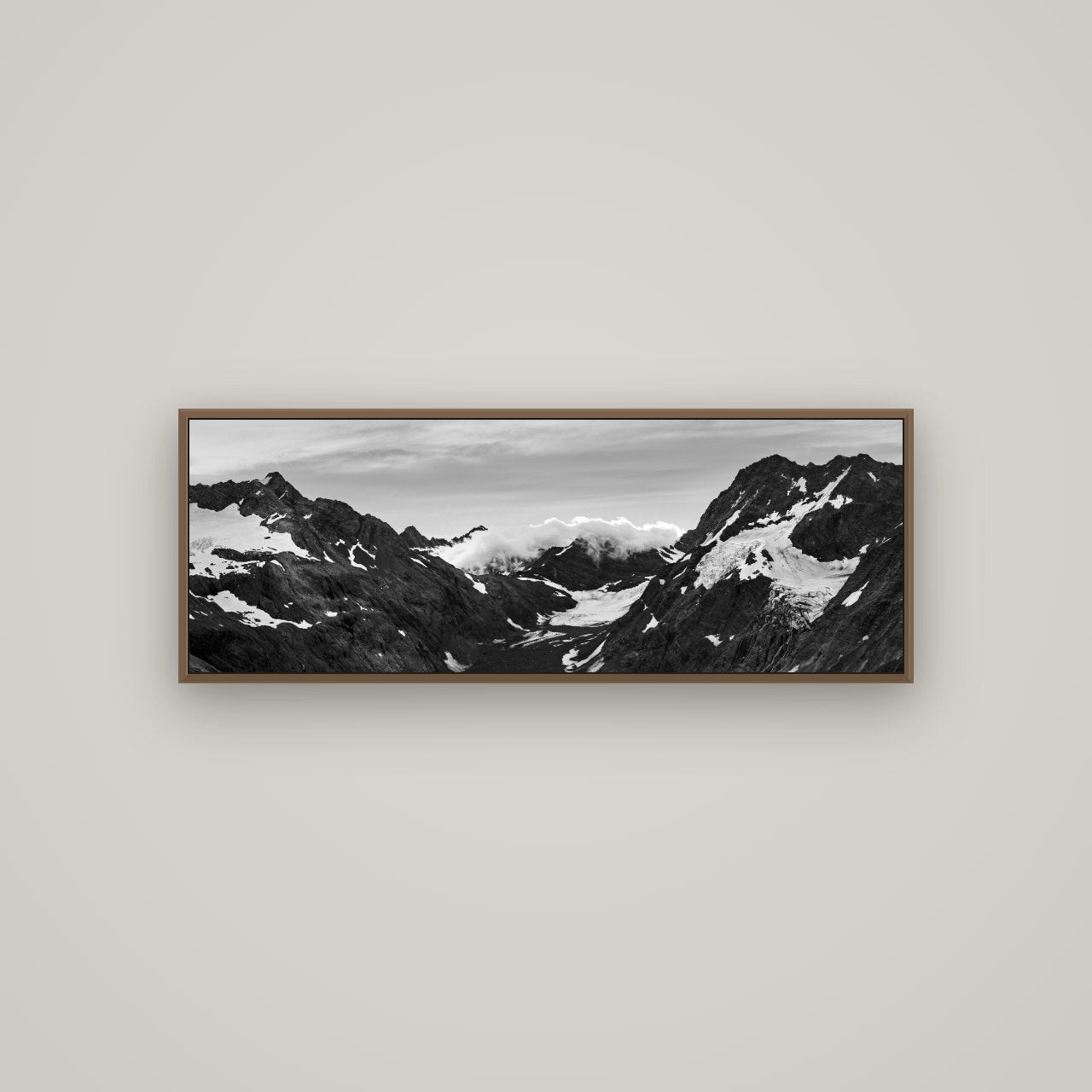 Mueller's Last Light, Mount Cook National Park, Basel Walnut, 113×40 cm. New Zealand fine art wall art by Stephen Milner.