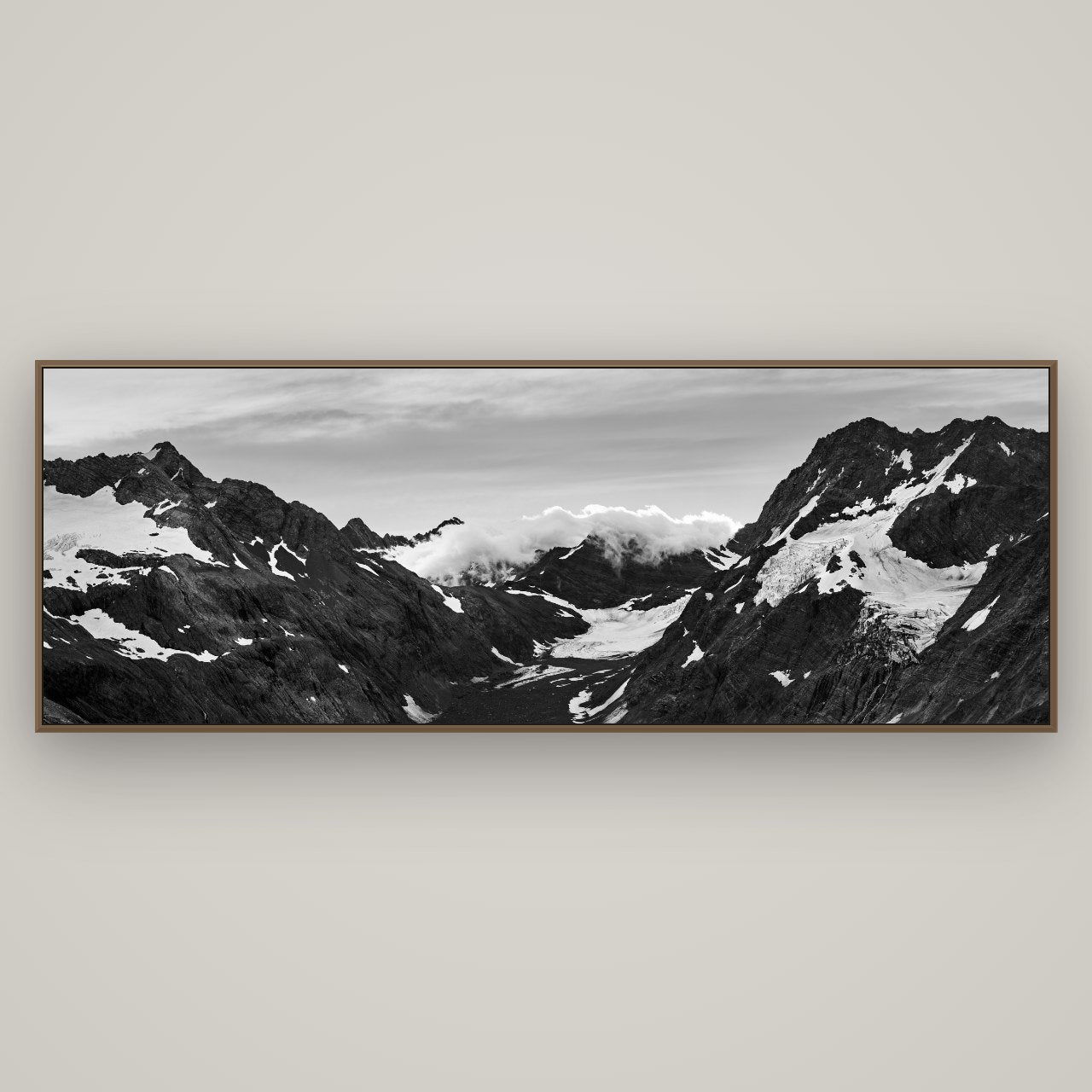Mueller's Last Light, Mount Cook National Park, Basel Walnut, 198×70 cm. New Zealand fine art wall art by Stephen Milner.