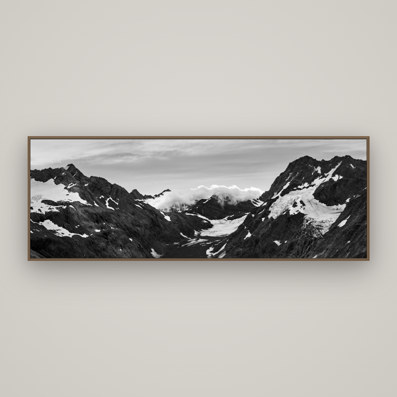 Mueller's Last Light, Mount Cook National Park, Basel Walnut, 198×70 cm. New Zealand fine art wall art by Stephen Milner.