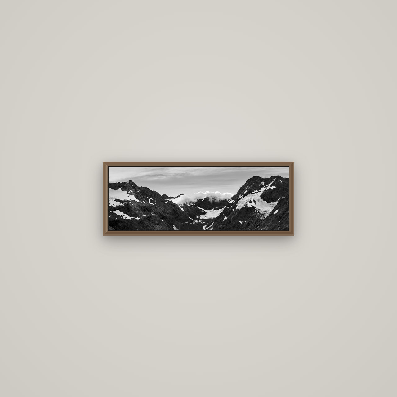 Mueller's Last Light, Mount Cook National Park, Basel Walnut, 57×20 cm. New Zealand fine art wall art by Stephen Milner.