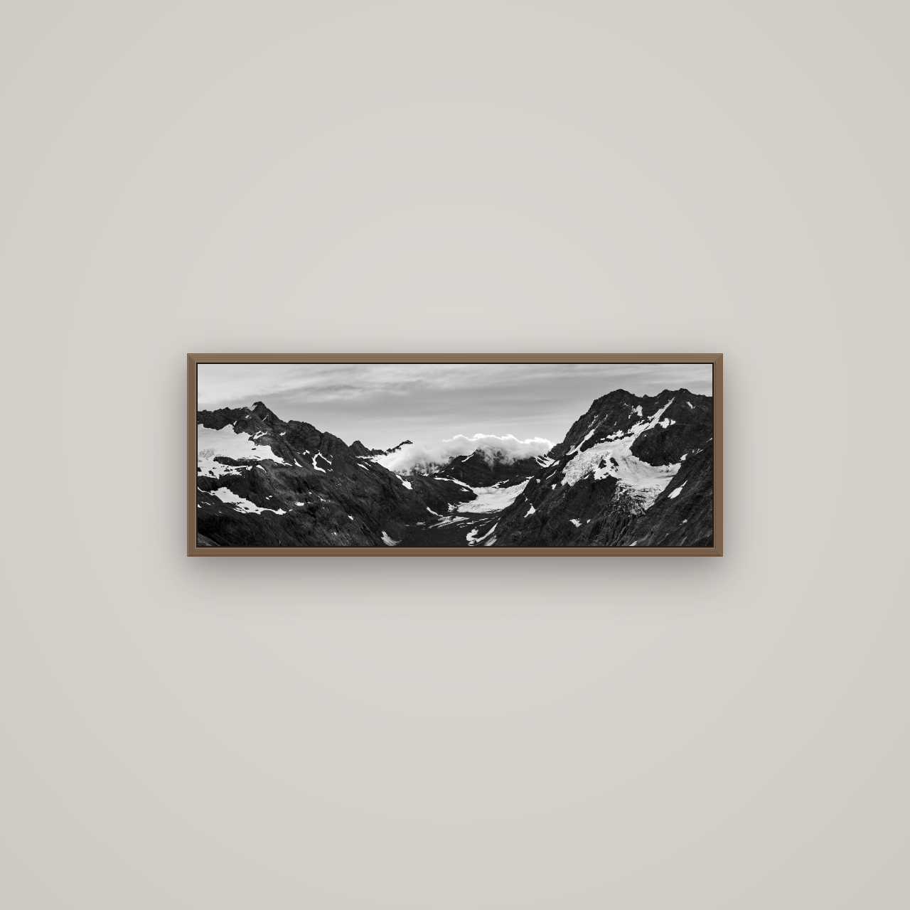 Mueller's Last Light, Mount Cook National Park, Basel Walnut, 85×30 cm. New Zealand fine art wall art by Stephen Milner.