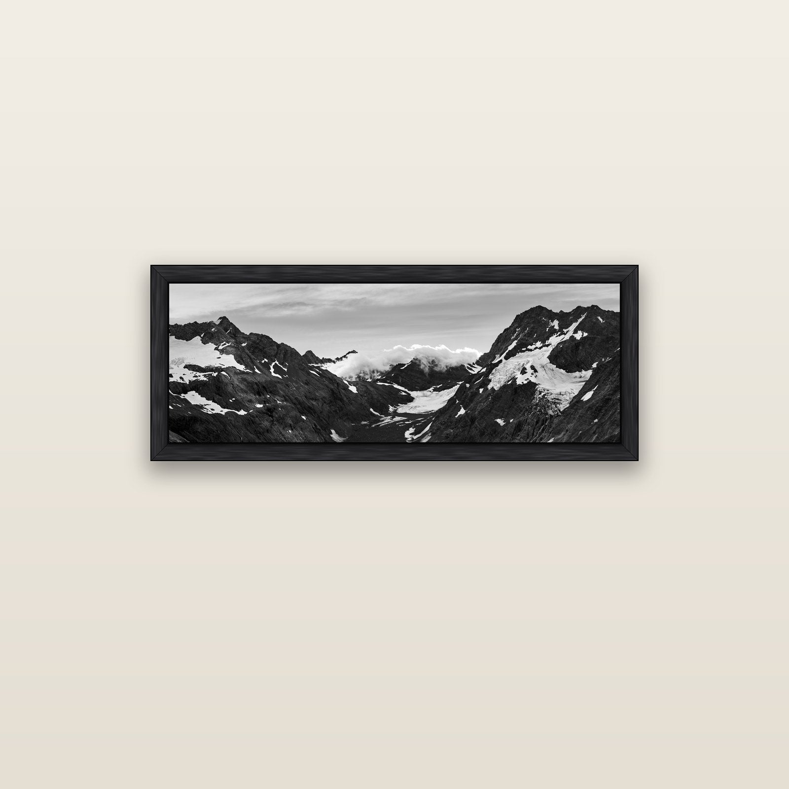 Mueller's Last Light, Mount Cook National Park — black float frame canvas, 102 × 36 cm. New Zealand fine art landscape wall art by Stephen Milner.