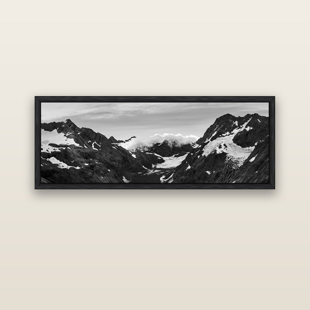 Mueller's Last Light, Mount Cook National Park — black float frame canvas, 152 × 56 cm. New Zealand fine art landscape wall art by Stephen Milner.