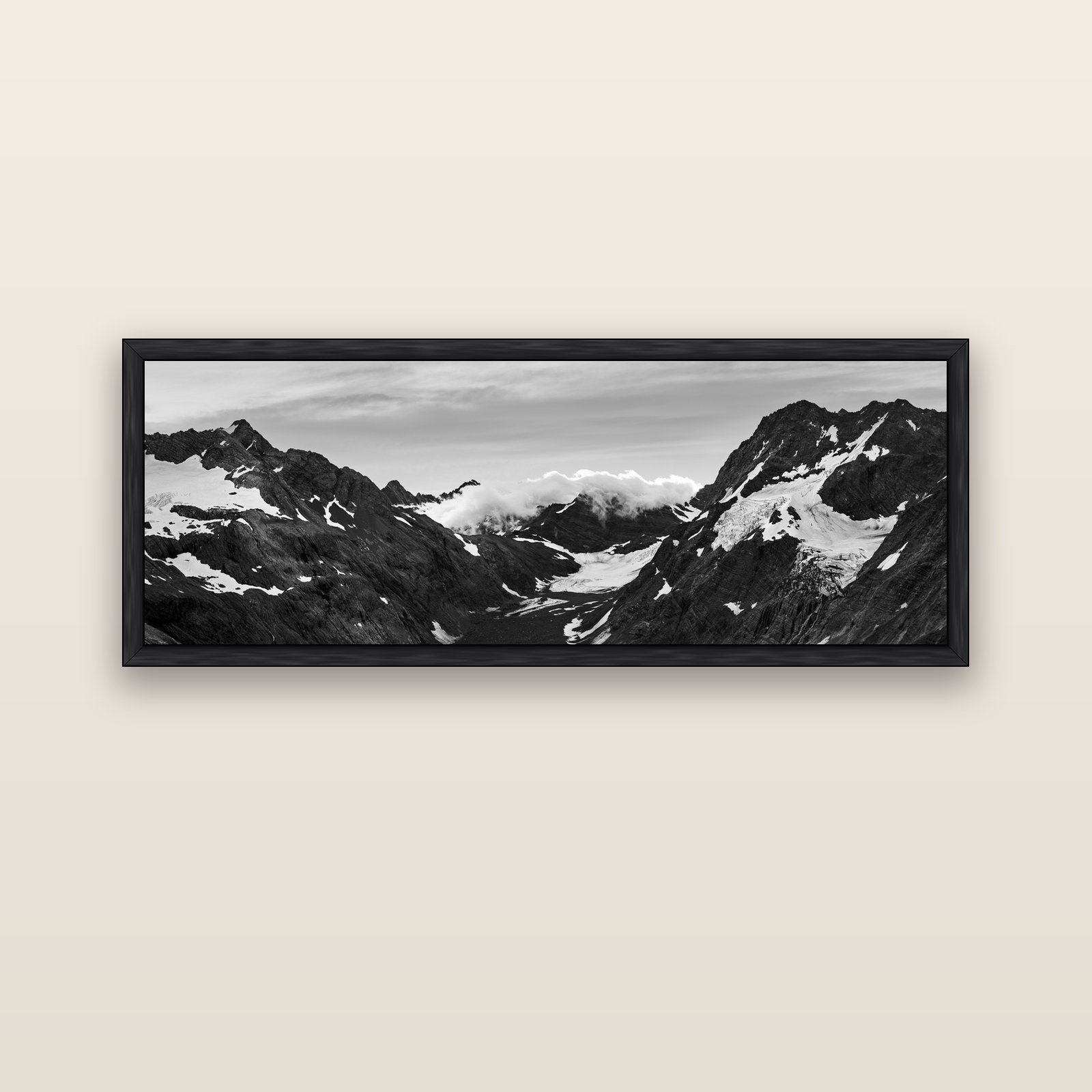 Mueller's Last Light, Mount Cook National Park — black float frame canvas, 152 × 56 cm. New Zealand fine art landscape wall art by Stephen Milner.