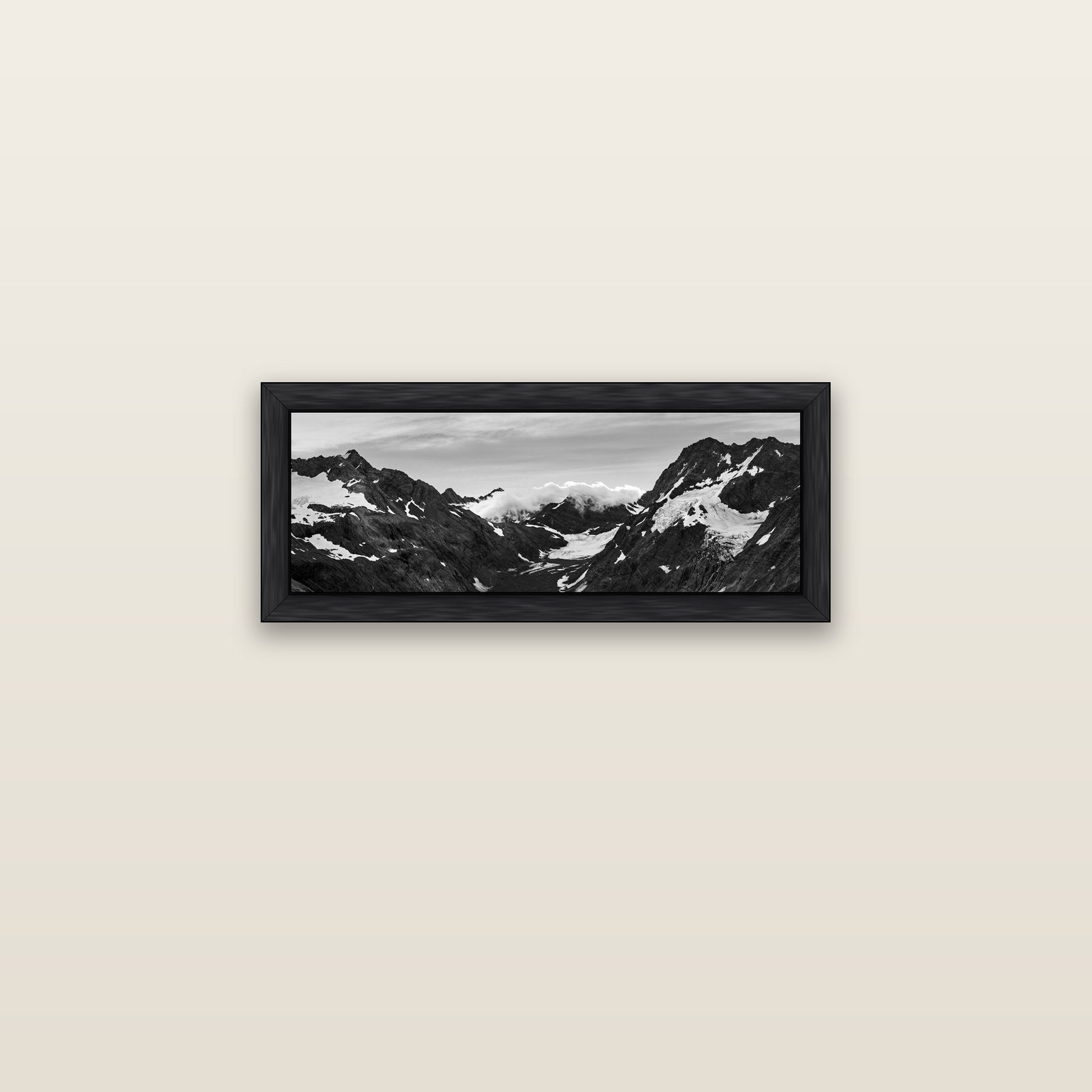 Mueller's Last Light, Mount Cook National Park — black float frame canvas, 71 × 25 cm. New Zealand fine art landscape wall art by Stephen Milner.