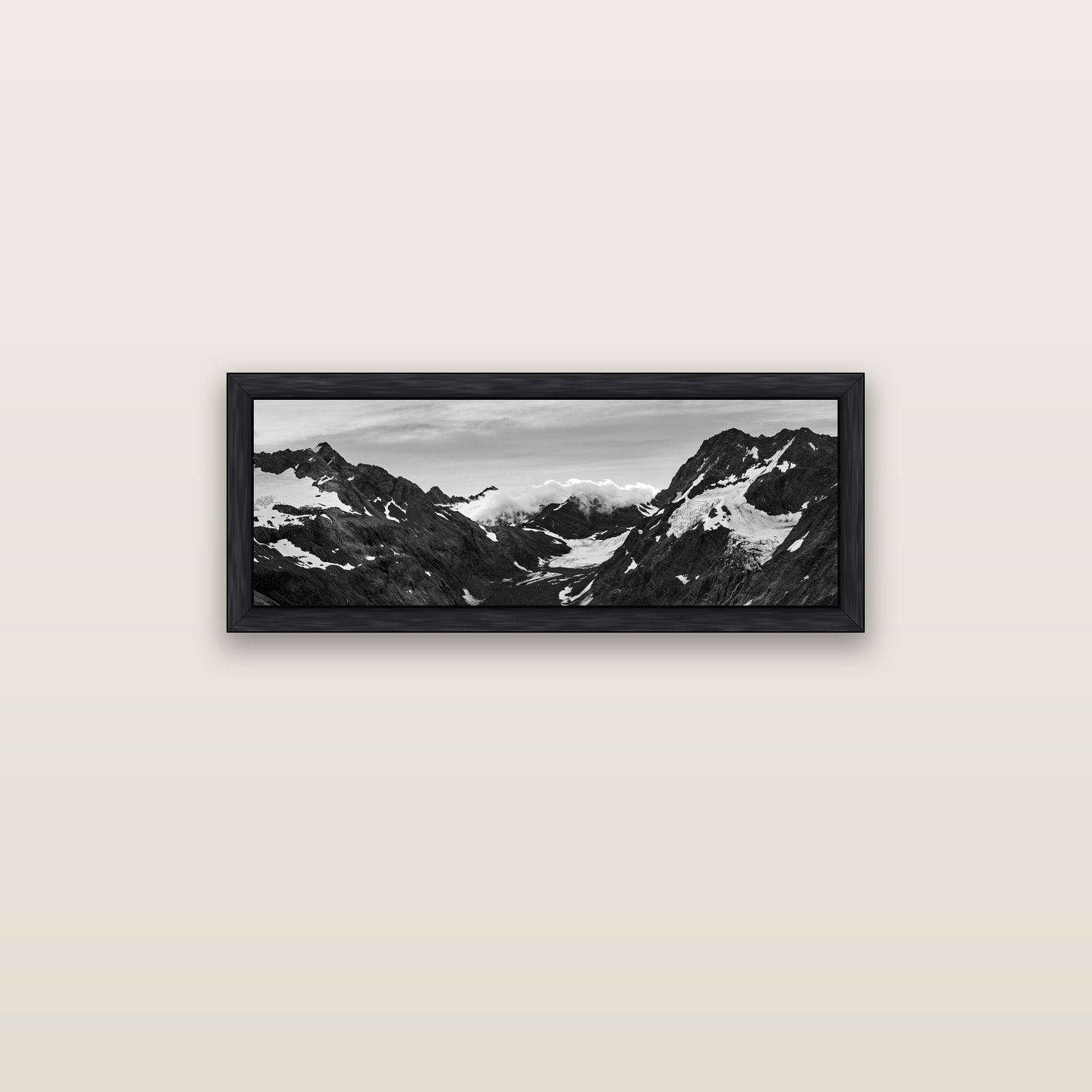 Mueller's Last Light, Mount Cook National Park — black float frame canvas, 91 × 31 cm. New Zealand fine art landscape wall art by Stephen Milner.