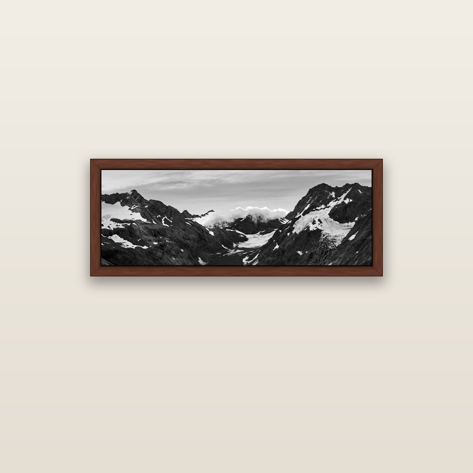 Mueller's Last Light, Mount Cook National Park — brown float frame canvas, 102 × 36 cm. New Zealand fine art landscape wall art by Stephen Milner.