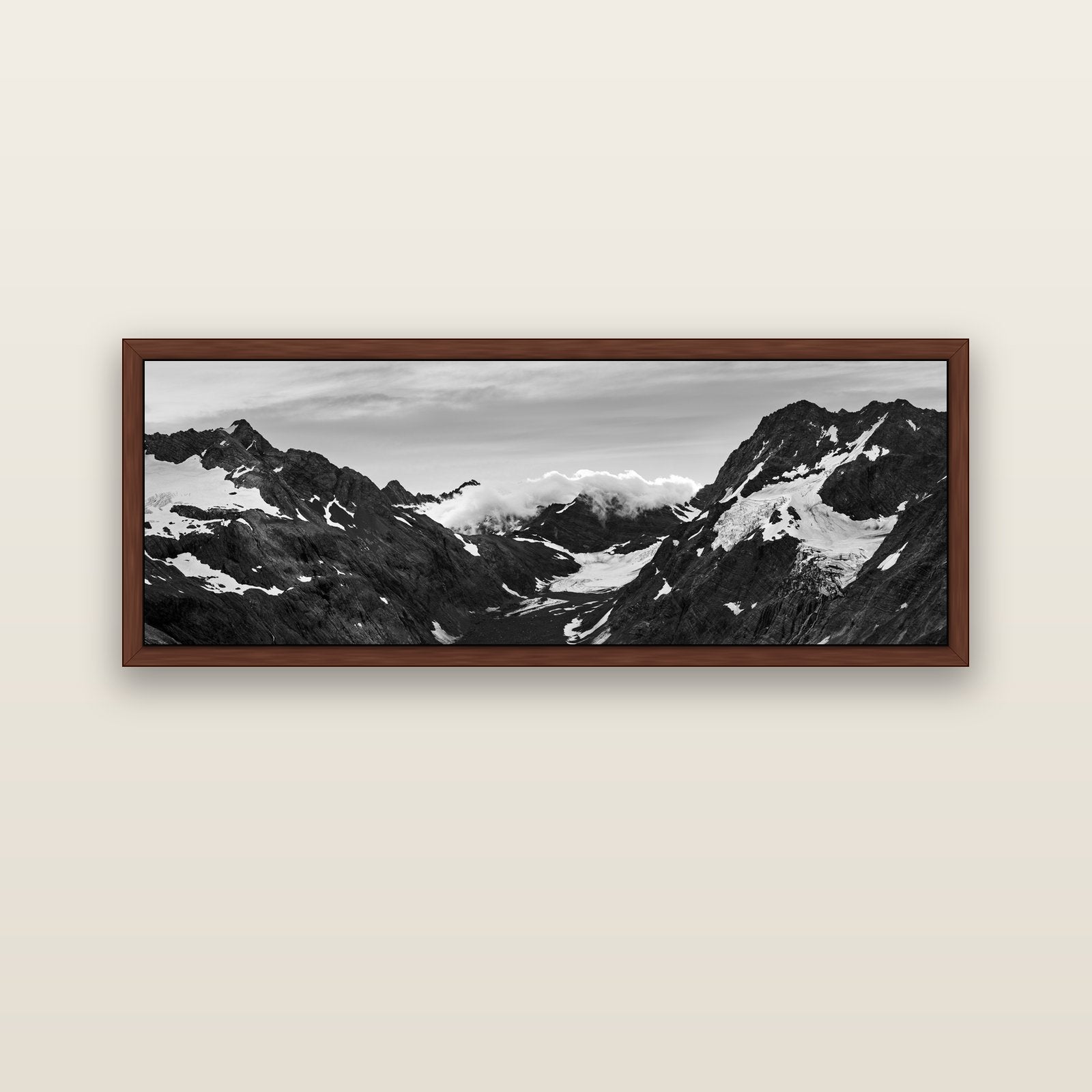 Mueller's Last Light, Mount Cook National Park — brown float frame canvas, 152 × 56 cm. New Zealand fine art landscape wall art by Stephen Milner.