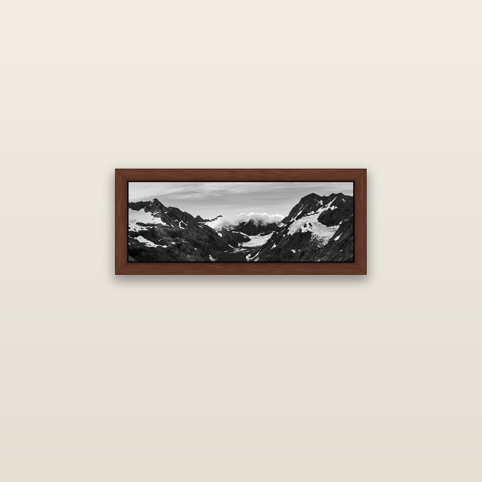 Mueller's Last Light, Mount Cook National Park — brown float frame canvas, 71 × 25 cm. New Zealand fine art landscape wall art by Stephen Milner.