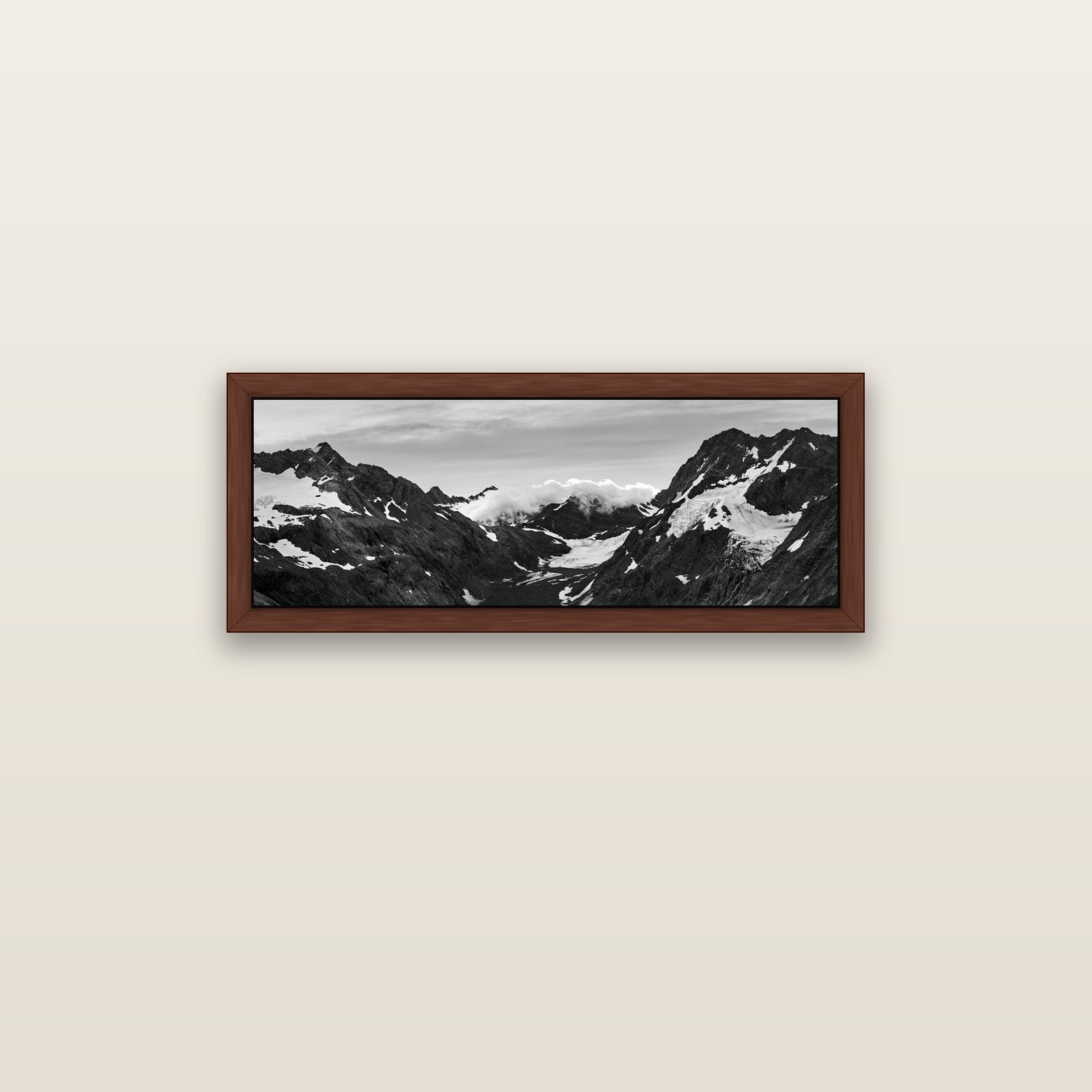 Mueller's Last Light, Mount Cook National Park — brown float frame canvas, 91 × 31 cm. New Zealand fine art landscape wall art by Stephen Milner.