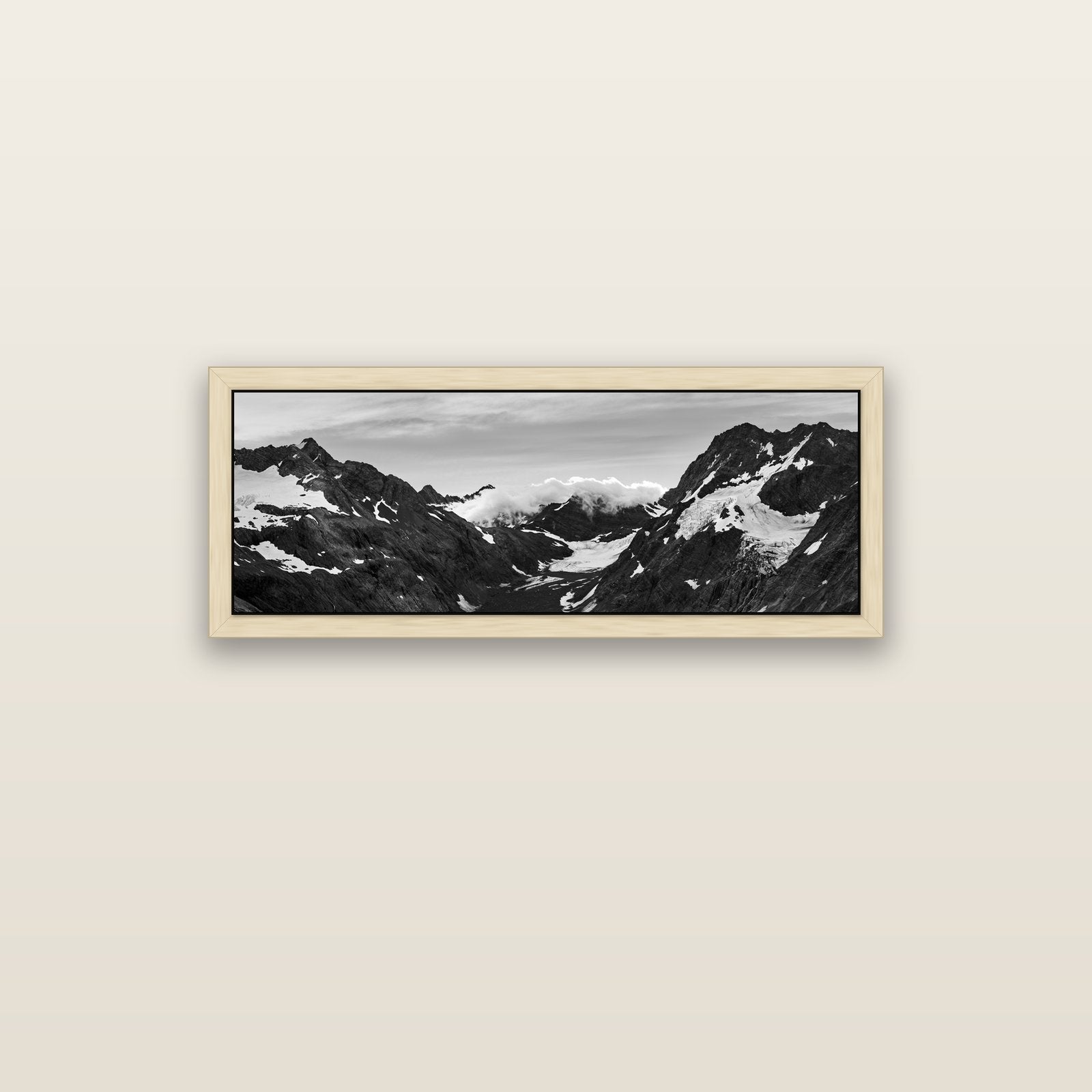 Mueller's Last Light, Mount Cook National Park — natural float frame canvas, 102 × 36 cm. New Zealand fine art landscape wall art by Stephen Milner.