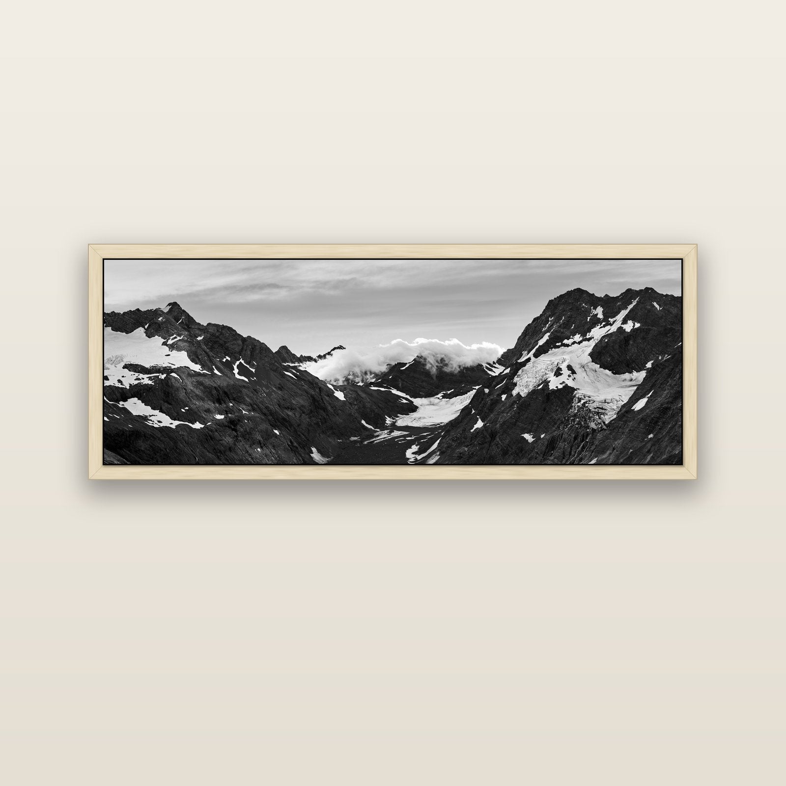 Mueller's Last Light, Mount Cook National Park — natural float frame canvas, 152 × 56 cm. New Zealand fine art landscape wall art by Stephen Milner.