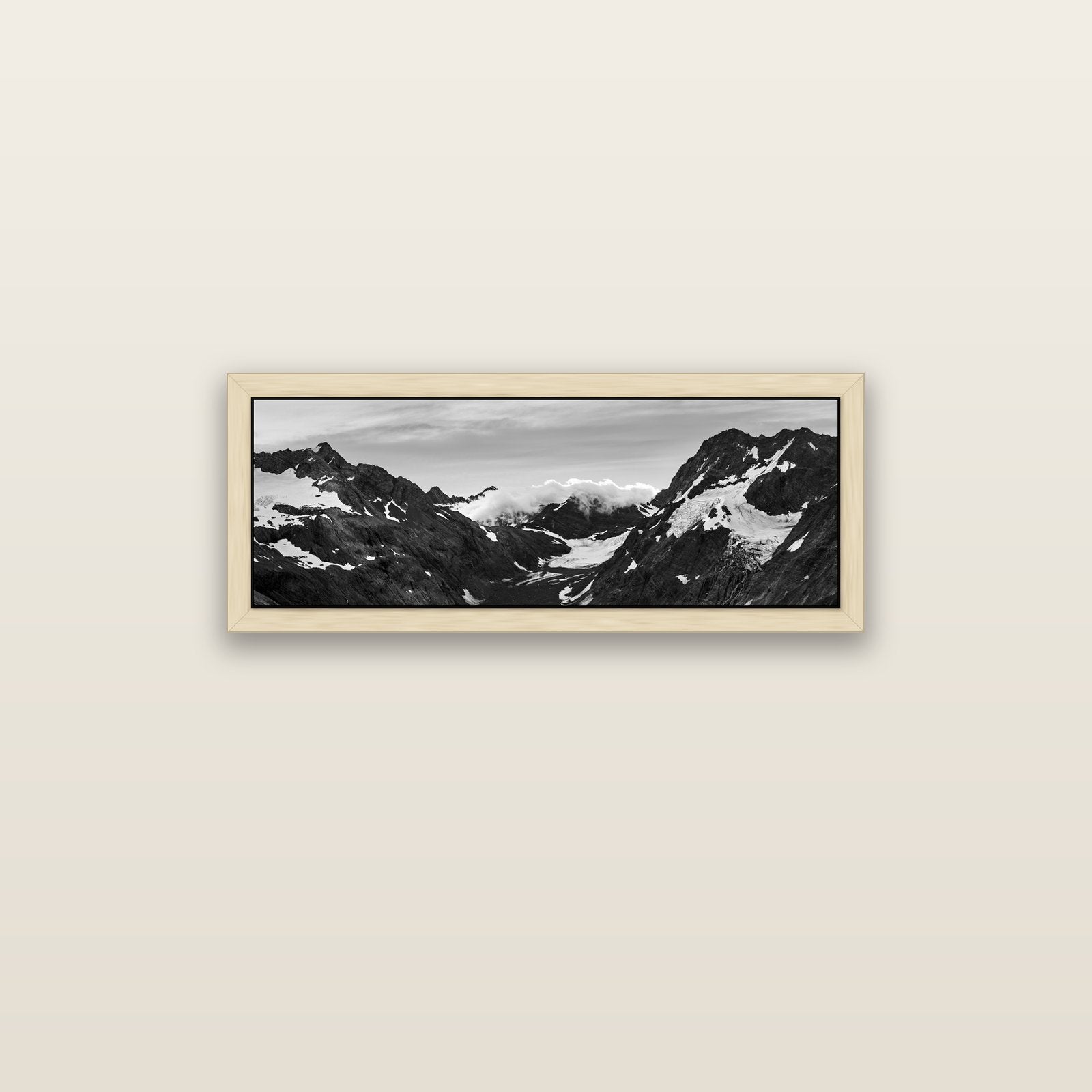 Mueller's Last Light, Mount Cook National Park — natural float frame canvas, 91 × 31 cm. New Zealand fine art landscape wall art by Stephen Milner.