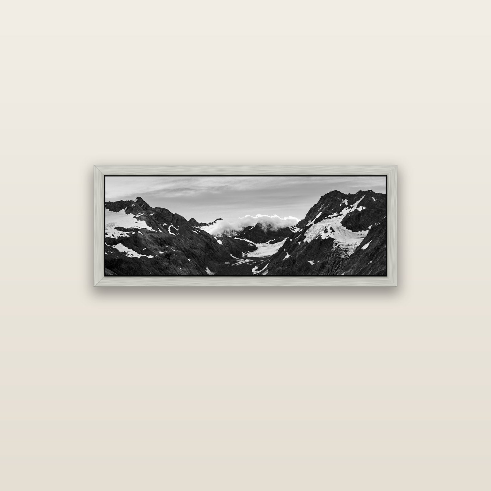 Mueller's Last Light, Mount Cook National Park — silver float frame canvas, 102 × 36 cm. New Zealand fine art landscape wall art by Stephen Milner.