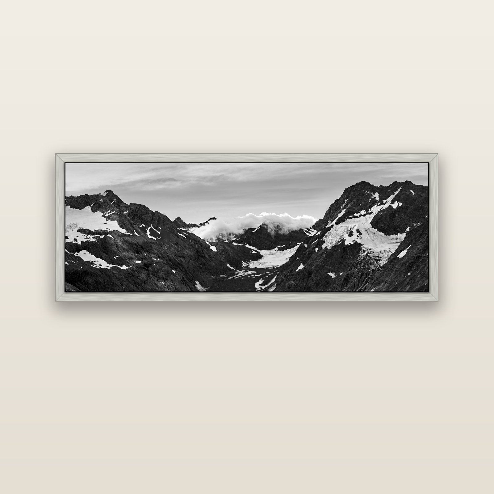 Mueller's Last Light, Mount Cook National Park — silver float frame canvas, 152 × 56 cm. New Zealand fine art landscape wall art by Stephen Milner.