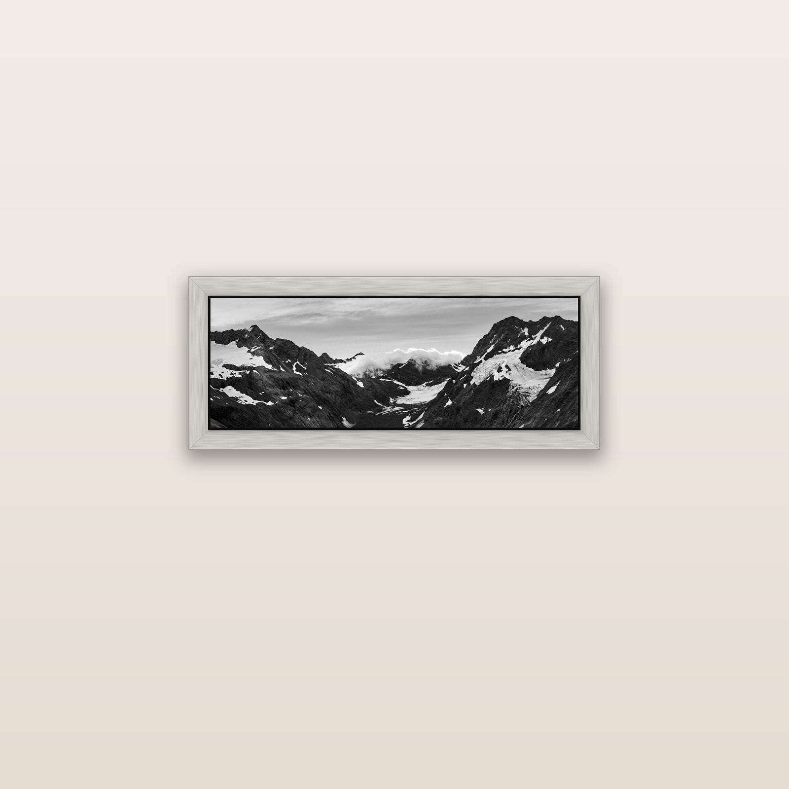 Mueller's Last Light, Mount Cook National Park — silver float frame canvas, 71 × 25 cm. New Zealand fine art landscape wall art by Stephen Milner.
