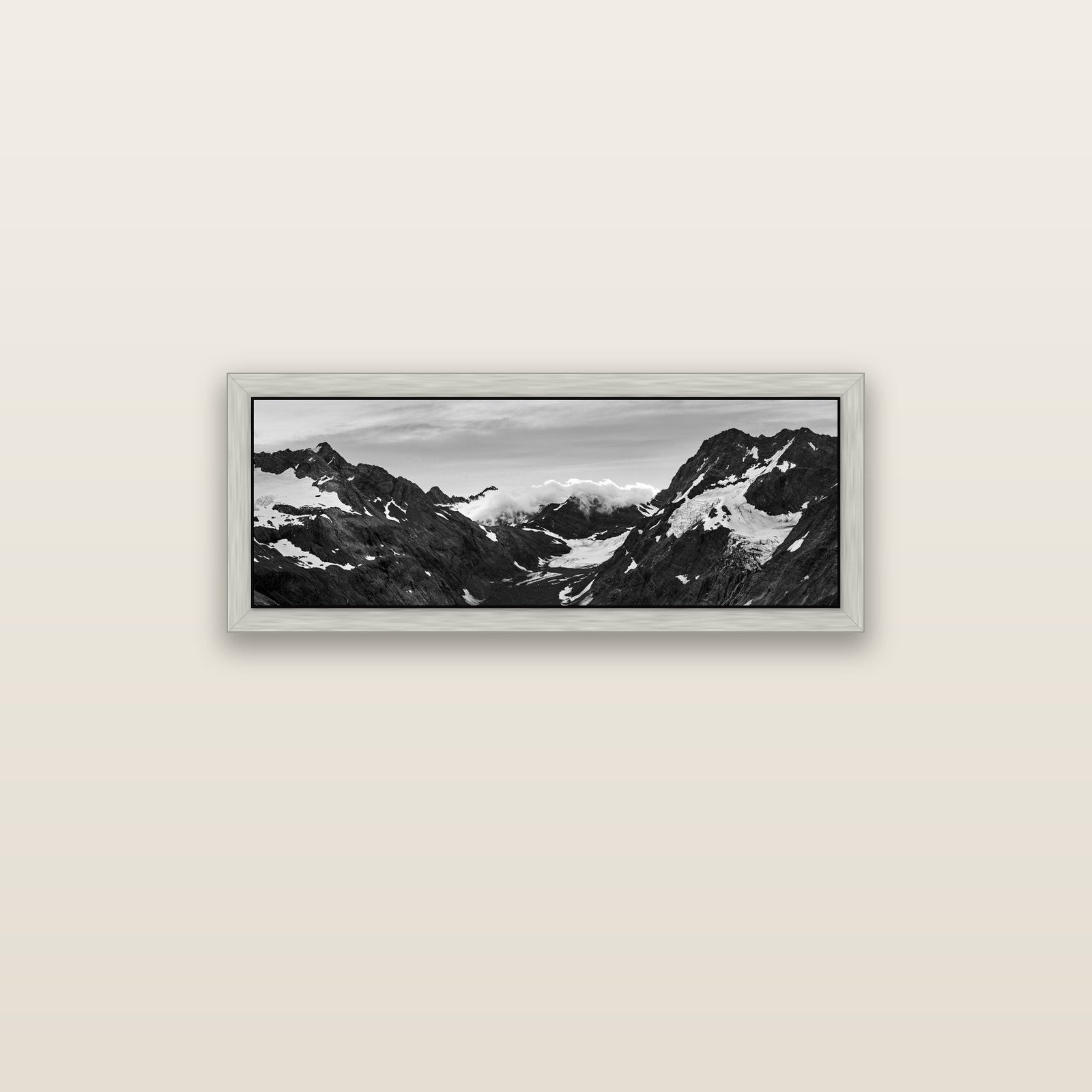 Mueller's Last Light, Mount Cook National Park — silver float frame canvas, 91 × 31 cm. New Zealand fine art landscape wall art by Stephen Milner.