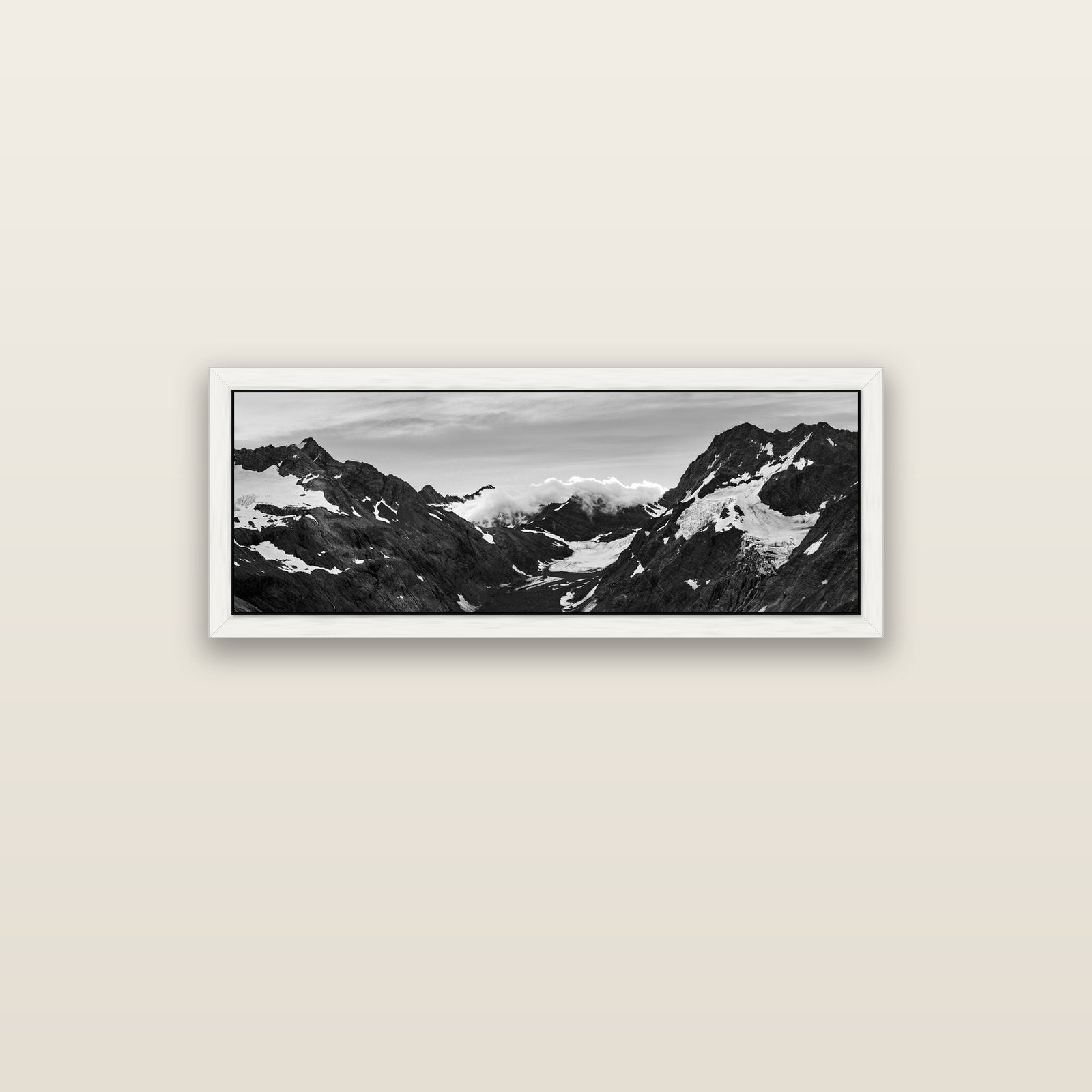 Mueller's Last Light, Mount Cook National Park — white float frame canvas, 102 × 36 cm. New Zealand fine art landscape wall art by Stephen Milner.