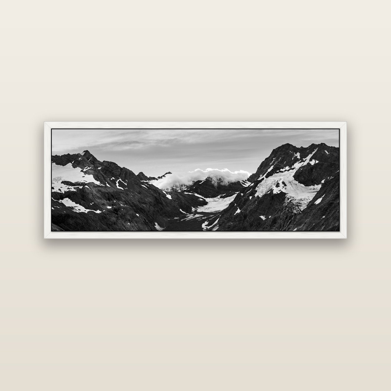Mueller's Last Light, Mount Cook National Park — white float frame canvas, 152 × 56 cm. New Zealand fine art landscape wall art by Stephen Milner.