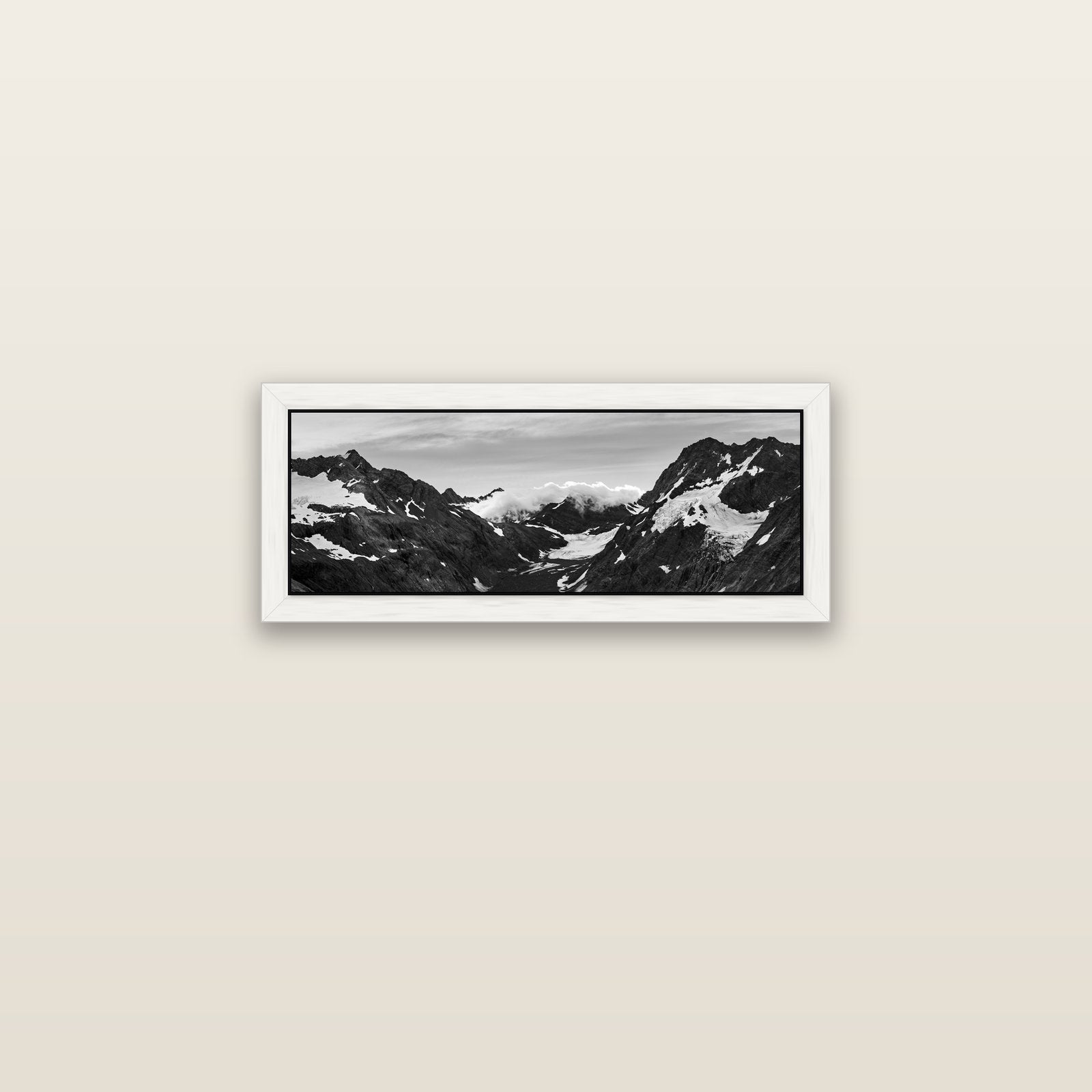 Mueller's Last Light, Mount Cook National Park — white float frame canvas, 71 × 25 cm. New Zealand fine art landscape wall art by Stephen Milner.