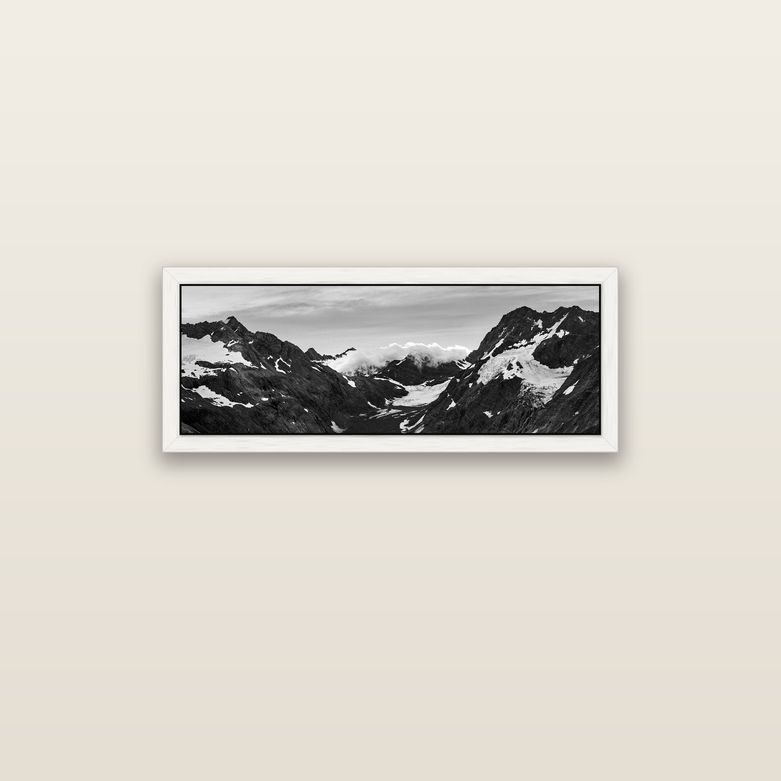 Mueller's Last Light, Mount Cook National Park — white float frame canvas, 91 × 31 cm. New Zealand fine art landscape wall art by Stephen Milner.