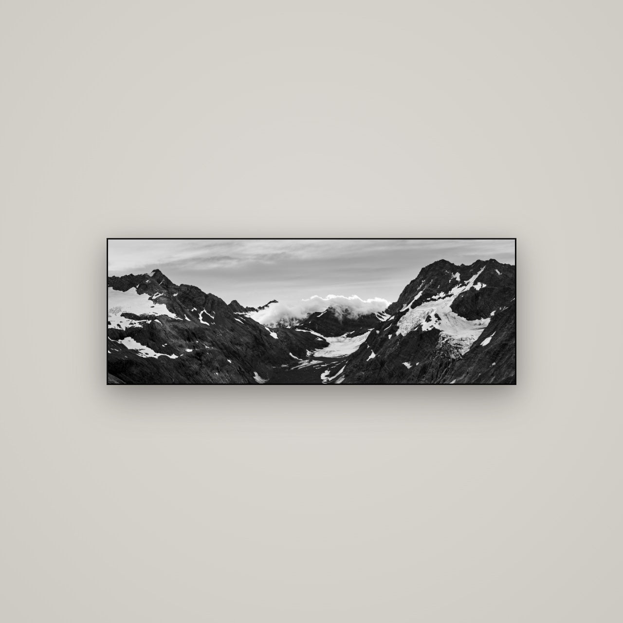 Mueller's Last Light, Mount Cook National Park — Slimline Black, 113×40 cm. New Zealand fine art wall art by Stephen Milner.