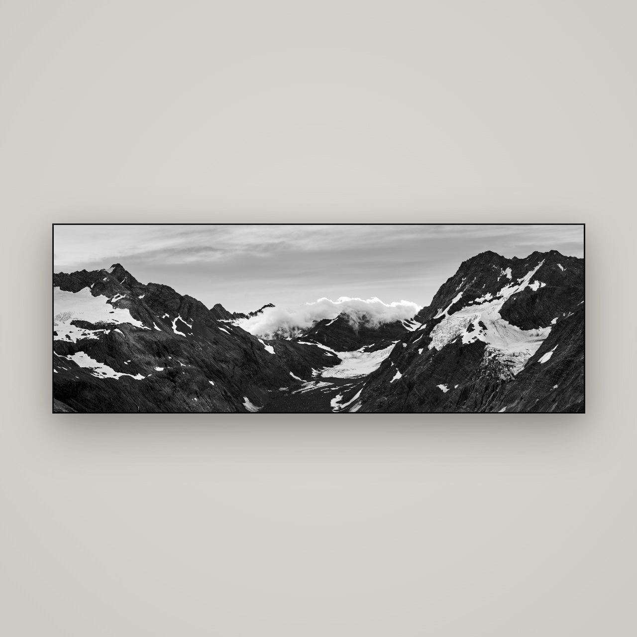 Mueller's Last Light, Mount Cook National Park — Slimline Black, 170×60 cm. New Zealand fine art wall art by Stephen Milner.