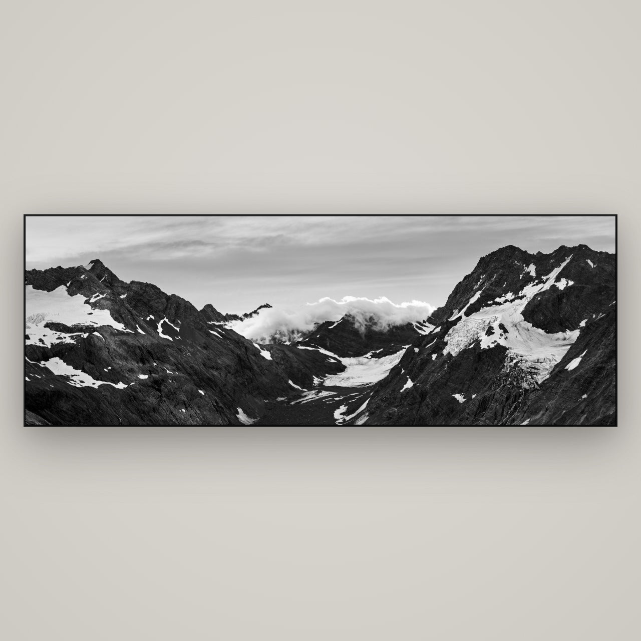 Mueller's Last Light, Mount Cook National Park — Slimline Black, 198×70 cm. New Zealand fine art wall art by Stephen Milner.