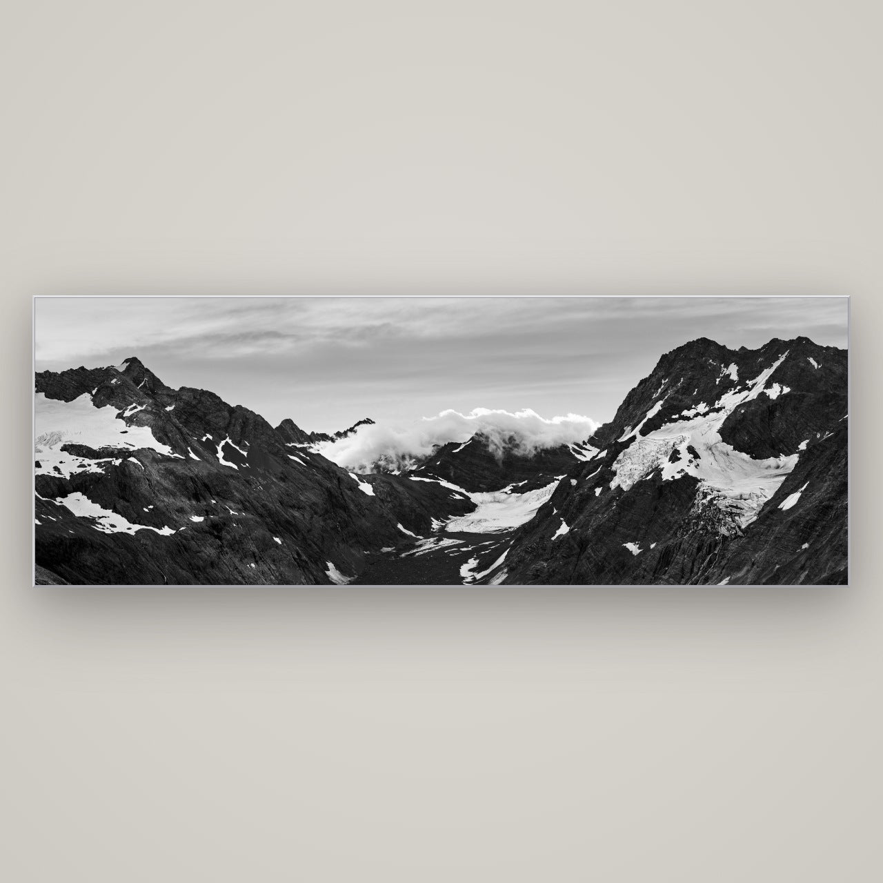 Mueller's Last Light, Mount Cook National Park — Slimline Silver, 198×70 cm. New Zealand fine art wall art by Stephen Milner.