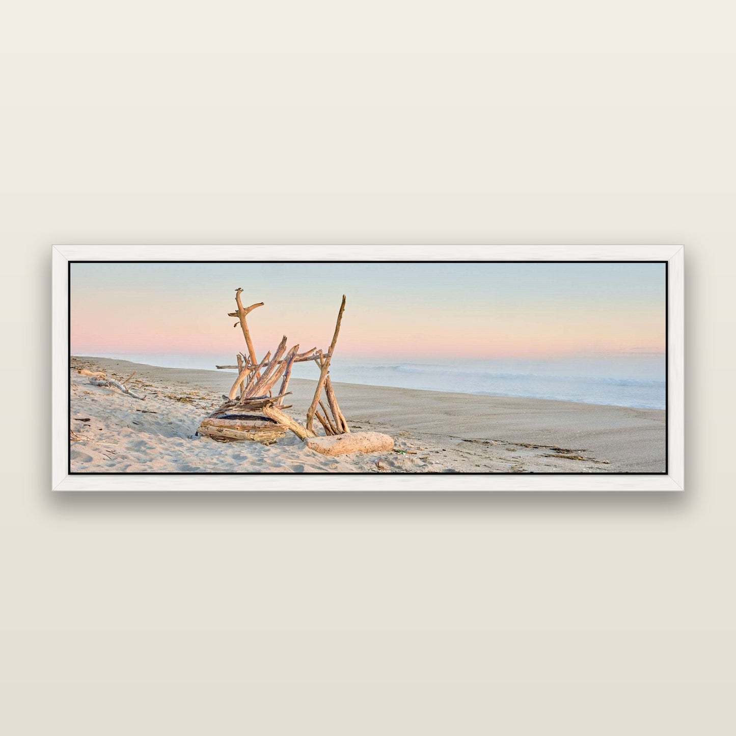 Natures Architecture, Whakatāne Beach — framed metallic canvas print, White frame. New Zealand fine art landscape wall art by Stephen Milner.