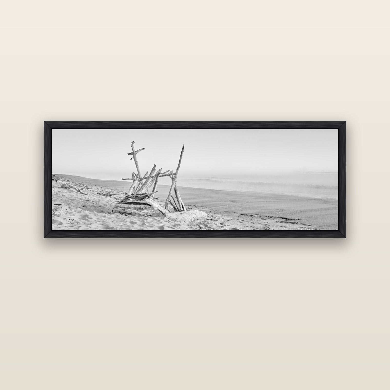 Natures Architecture, Whakatāne Beach — black float frame canvas, 152 × 56 cm. New Zealand fine art landscape wall art by Stephen Milner.