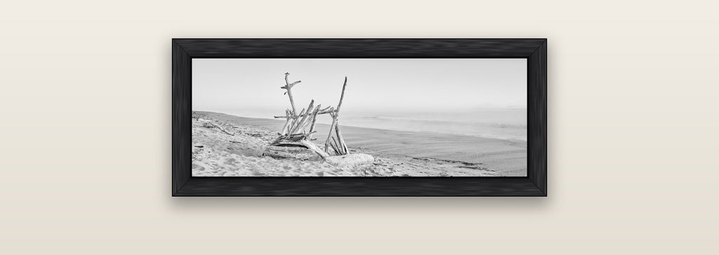Natures Architecture, Whakatāne Beach — black float frame canvas, 71 × 25 cm. New Zealand fine art landscape wall art by Stephen Milner.