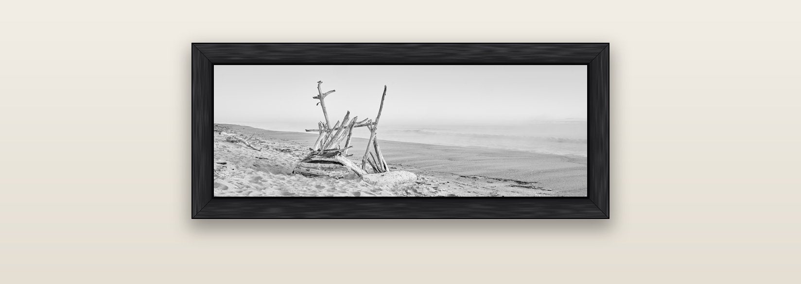 Natures Architecture, Whakatāne Beach — black float frame canvas, 71 × 25 cm. New Zealand fine art landscape wall art by Stephen Milner.