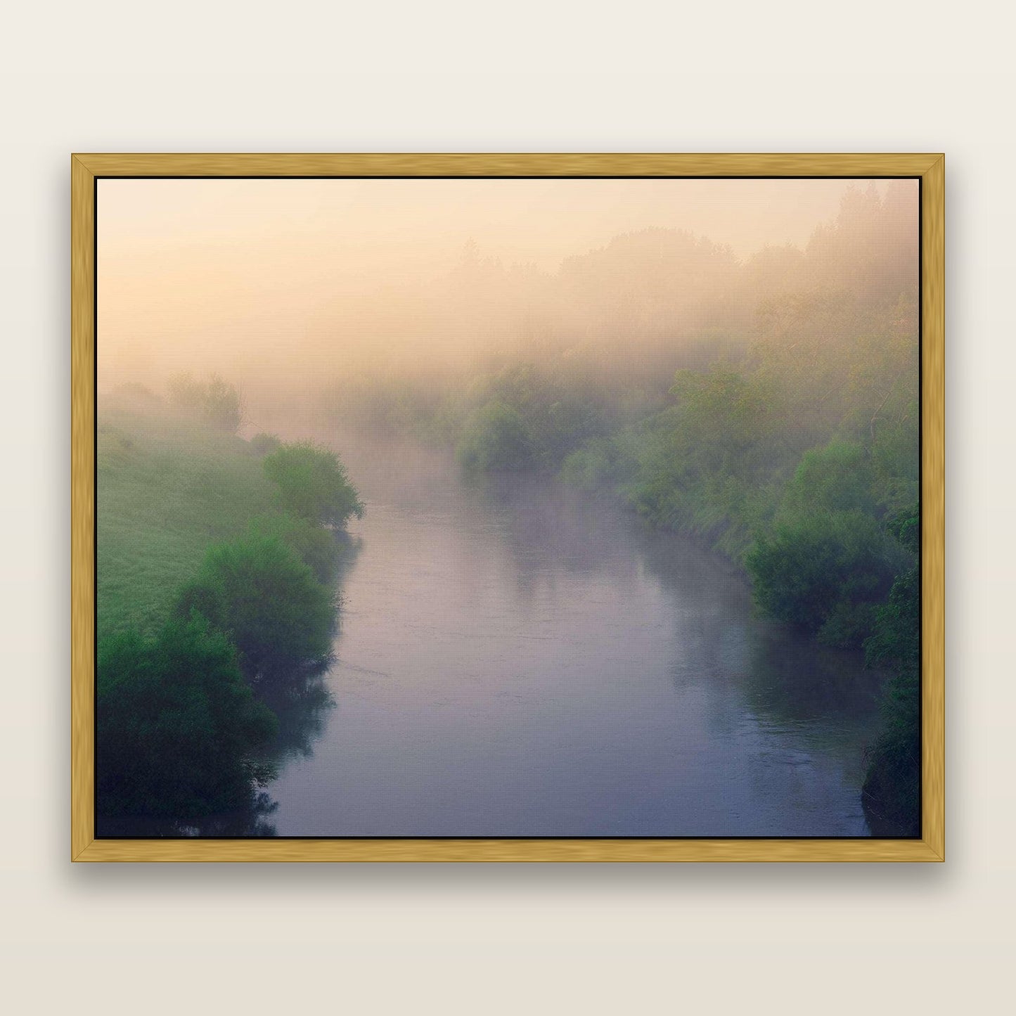Nature's Awakening, Waikato — framed metallic canvas print, Antique Gold frame. New Zealand fine art landscape wall art by Stephen Milner.