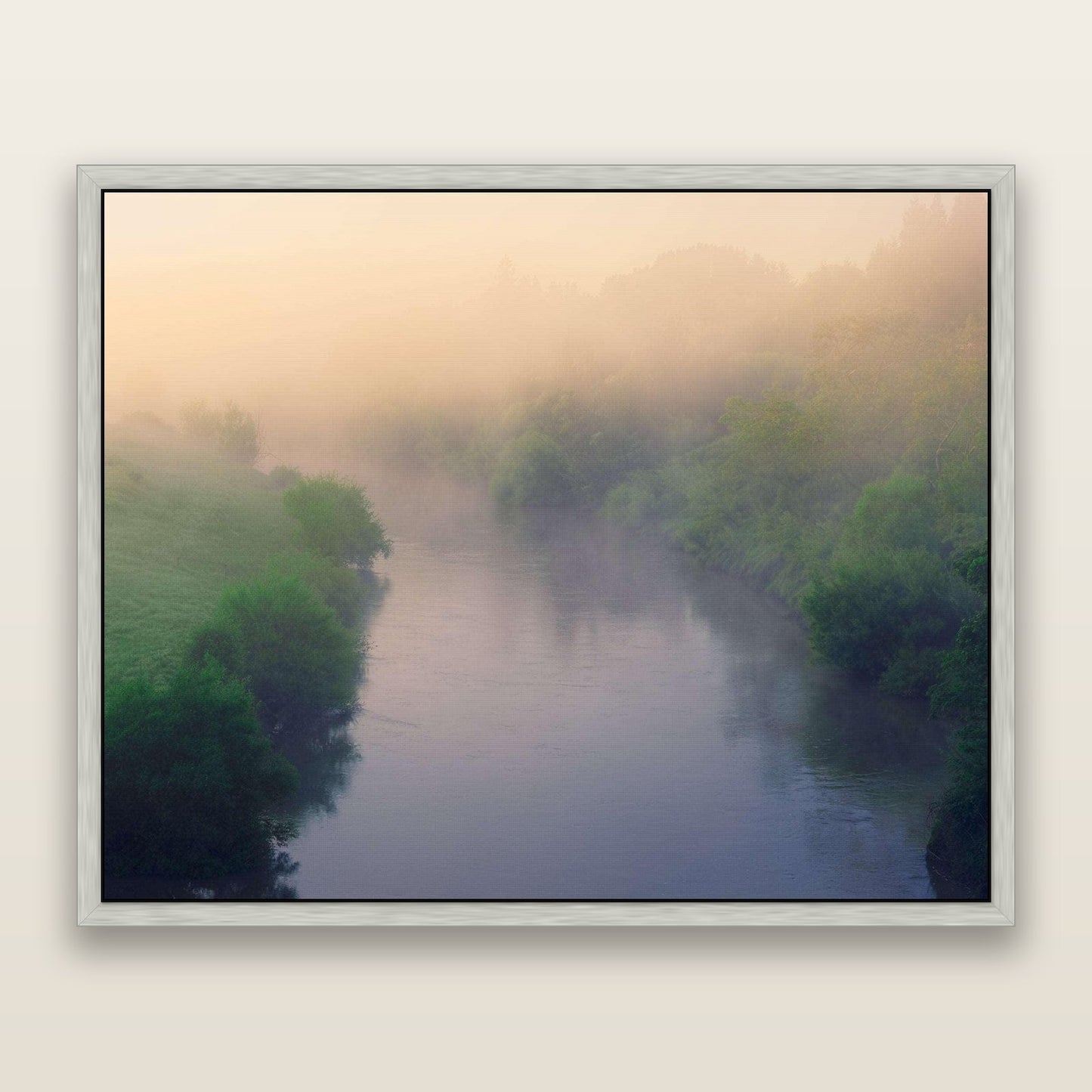 Nature's Awakening, Waikato — framed metallic canvas print, Antique Silver frame. New Zealand fine art landscape wall art by Stephen Milner.