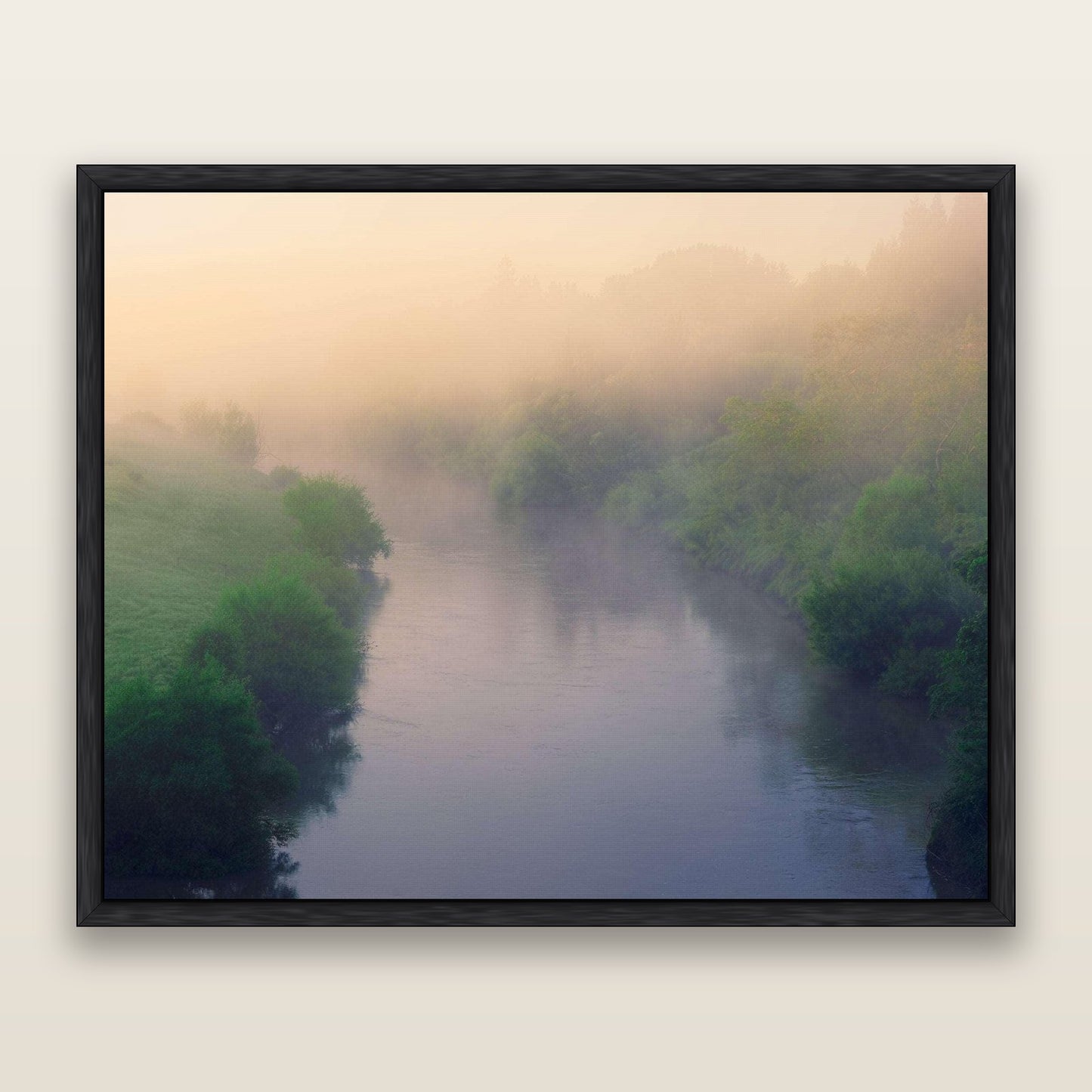 Nature's Awakening, Waikato — framed metallic canvas print, Black frame. New Zealand fine art landscape wall art by Stephen Milner.