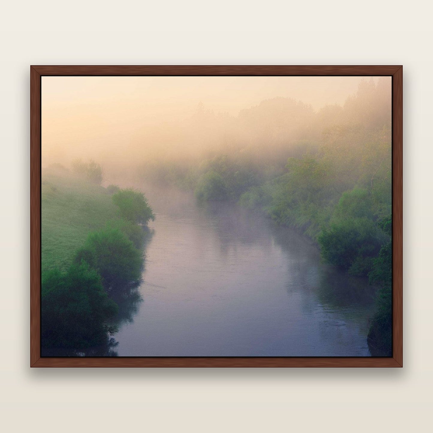 Nature's Awakening, Waikato — framed metallic canvas print, Brown frame. New Zealand fine art landscape wall art by Stephen Milner.