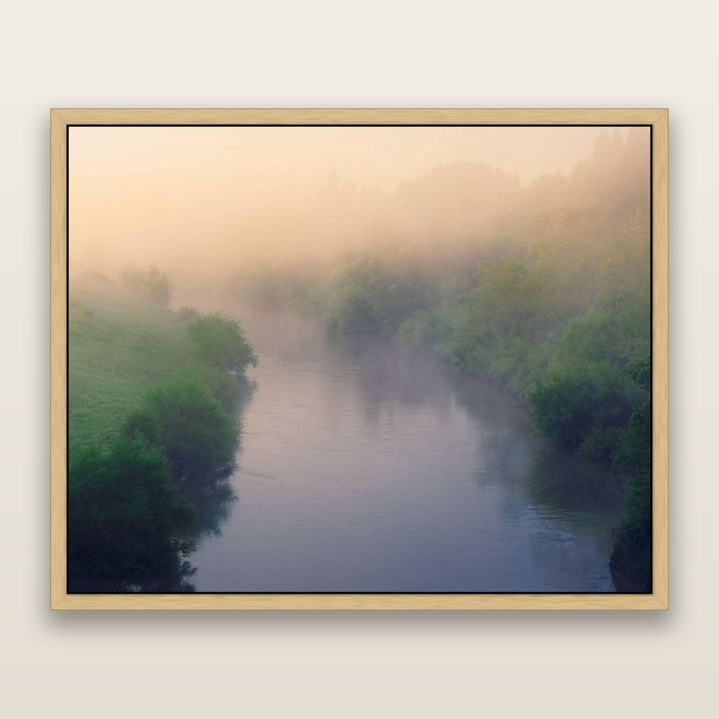 Nature's Awakening, Waikato — framed metallic canvas print, Natural frame. New Zealand fine art landscape wall art by Stephen Milner.